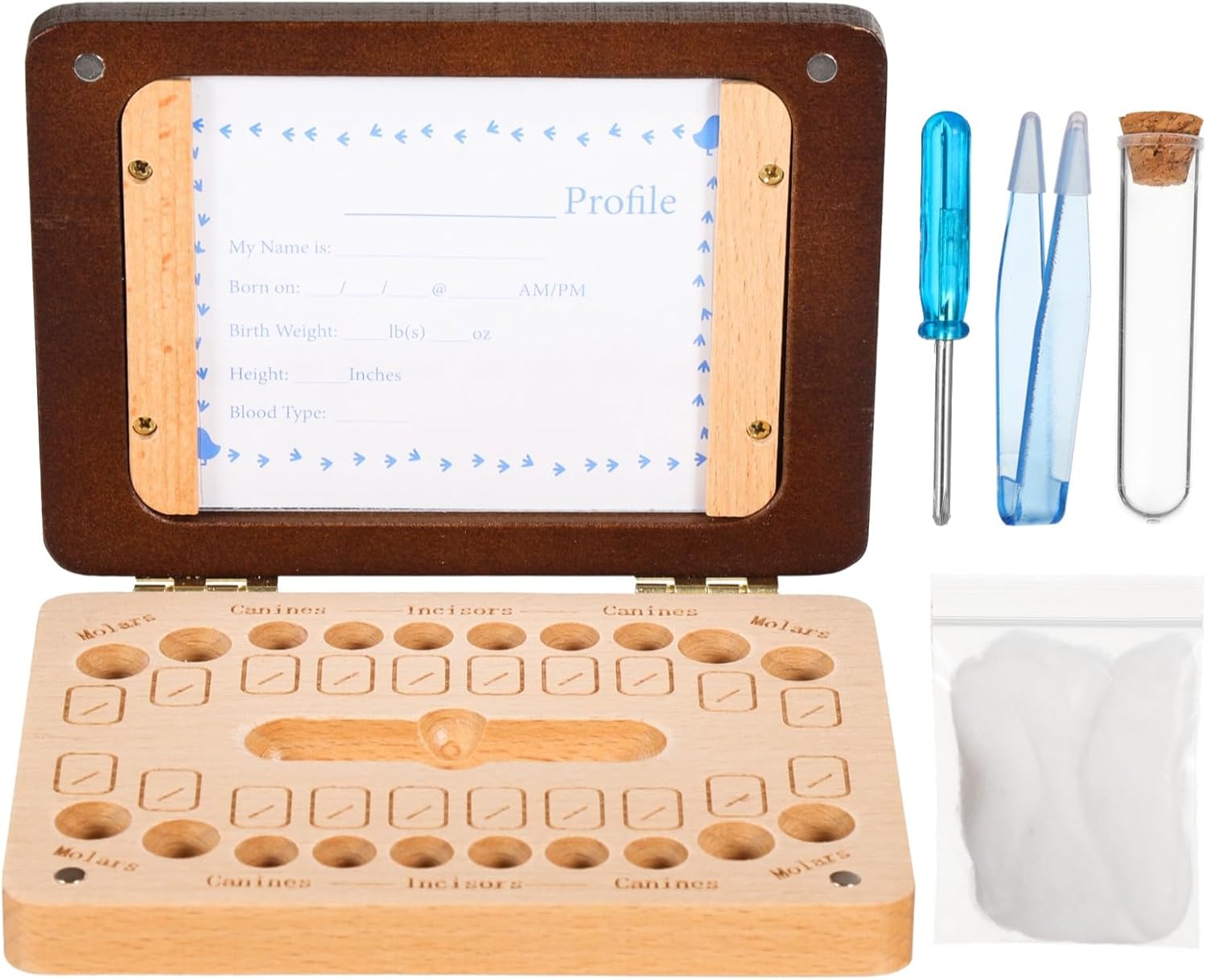 Memory Box For Baby Teeth, Wooden Keepsake Case With Profile Card, Tooth Organizer For Boys, Milestone Frame For First Tooth