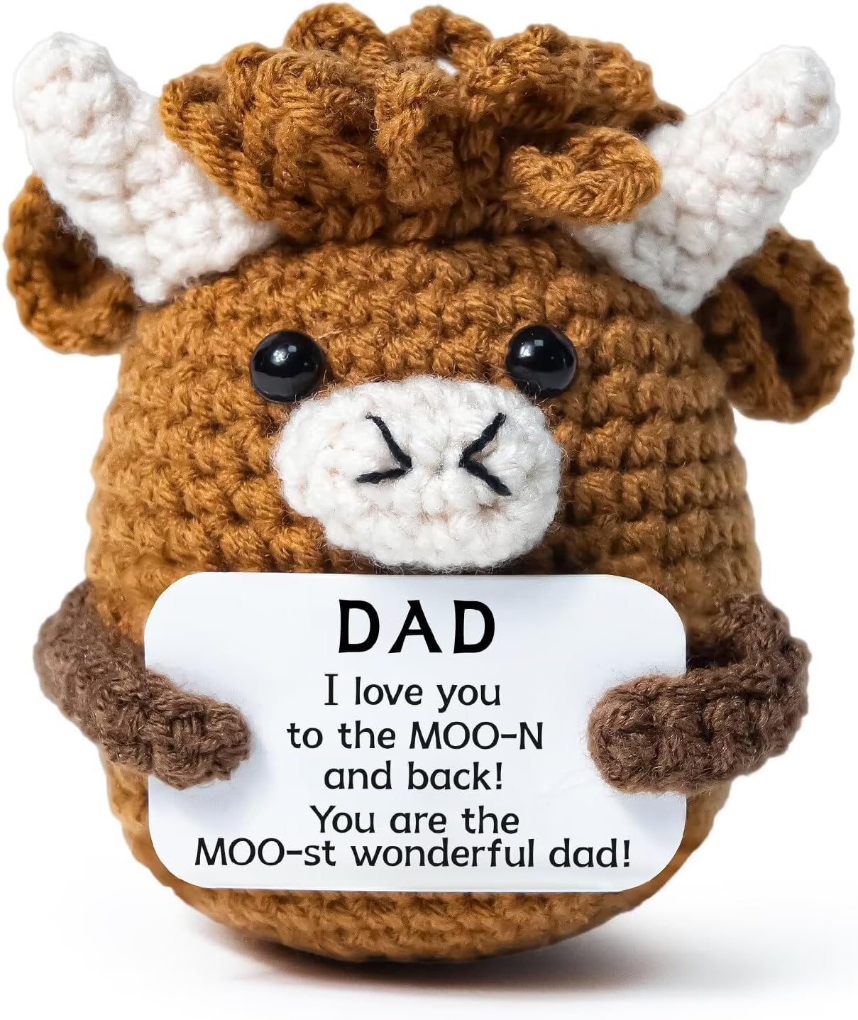Mini Funny Crochet Highland Cow Gifts for Dads,Fathers Day Dad Gifts from Daughter Son,Emotional Positive Crochet Animals of Birthday Gift for Dad,I Love You Father Gift for Desk Decor