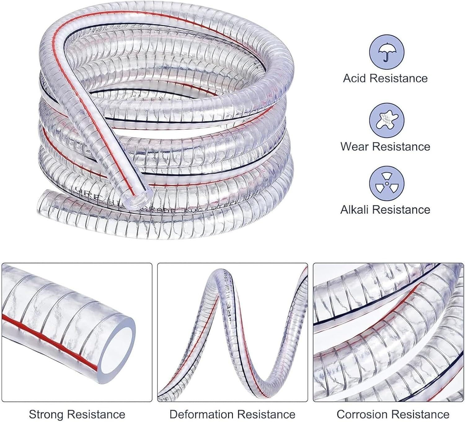 PVC Tube Steel Wire Tubing Flexible， Wall Thickness 2.5MM Flexible Transparent Durable Tubing Length 9.8FT for Aquarium Pond(Inner Diameter 25mm)