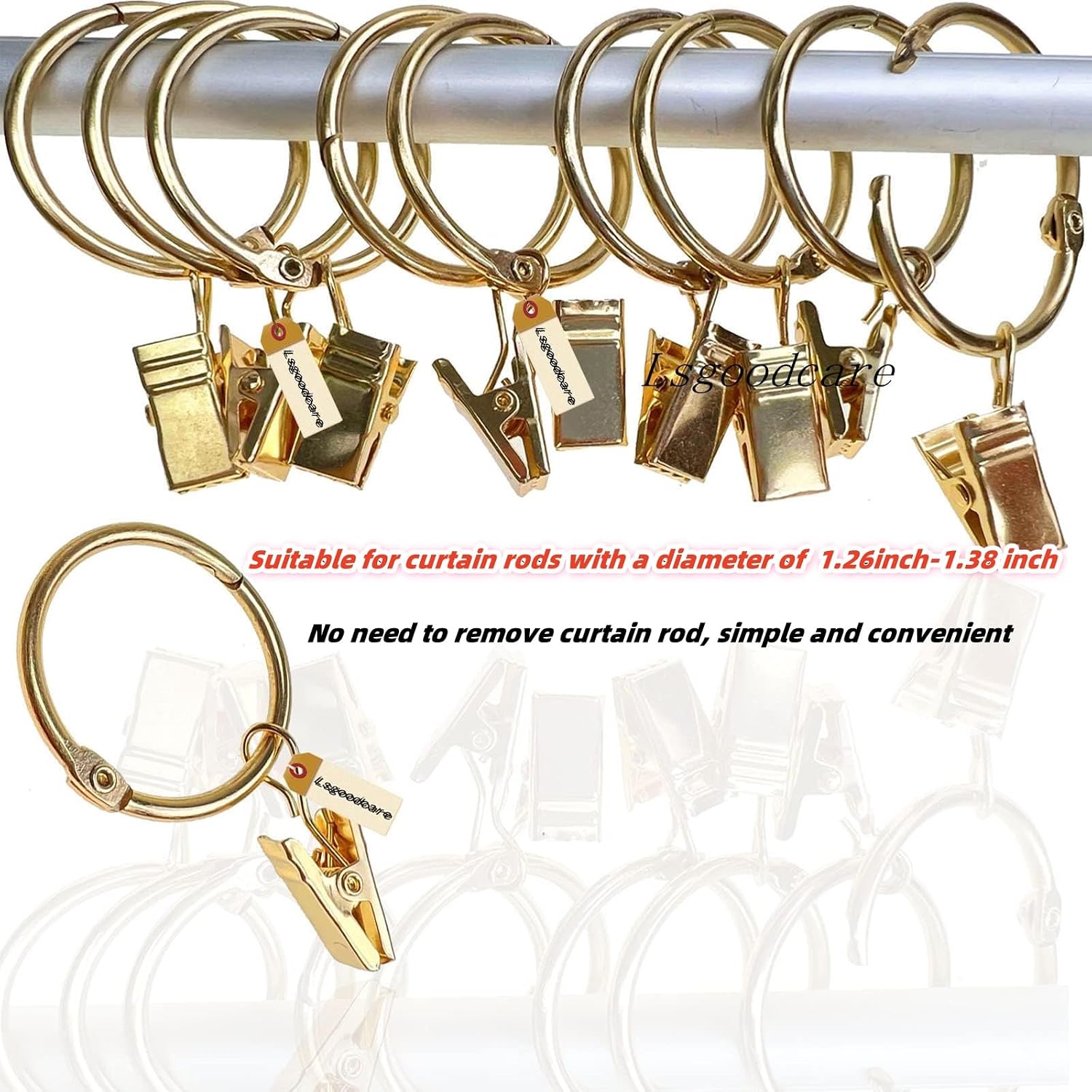 Lsgoodcare 30Pcs Openable Curtain Clips with Rings Gold 2Inch, Strong Metal Decorative Curtain Clip, Rustproof Drapery Open Clip Rings