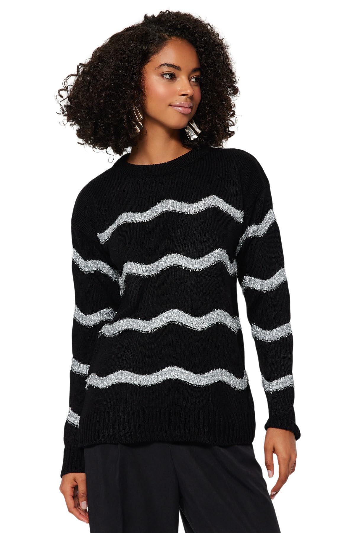 Trendyol FeMan Oversize Basic Crew Neck Knitwear Sweater,Black,S