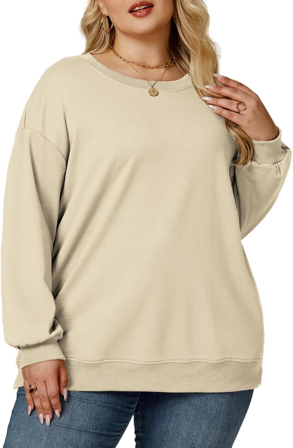 VISLILY Womens Plus Size Sweatshirts Cute Tops Dressy Long Sleeve Oversized Tees Going Out Crew Neck Pullover 4Xl Apricot - Image 2