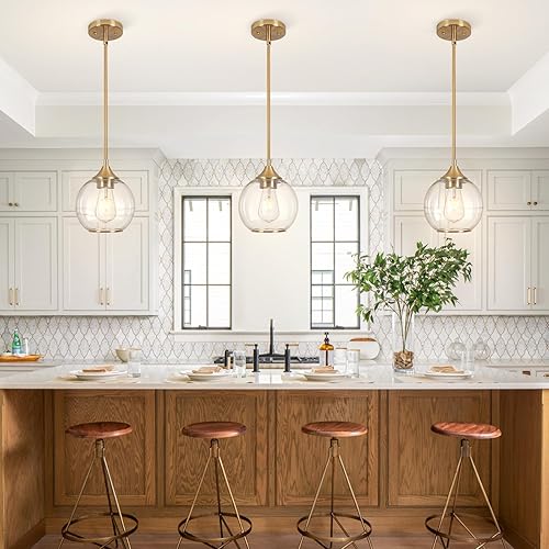 Miniatura 7 de Luces colgantes para isla de cocina, lámpara colgante dorada de granja con pantalla de globo de vidrio transparente, lámpara colgante de vidrio de 7