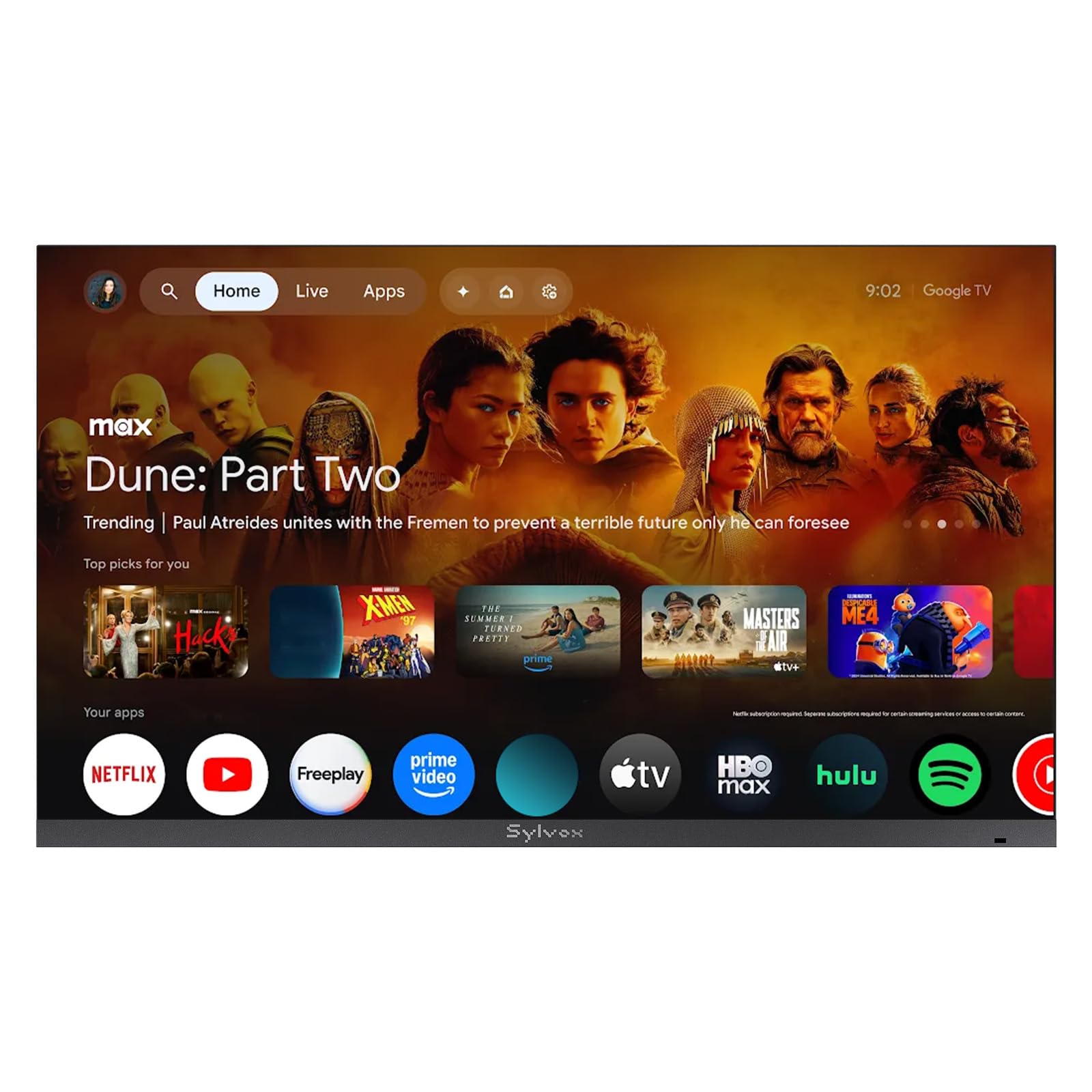 SYLVOX TV Exterior 43 Pulgadas, 4K UHD HDR, 1000 Nits, Sin Marcos Google TV, Dolby Atmos, DVB-C/T2/S2, HEVC, Smart TV IP56 Resistente al Agua para Jardín, Terraza & Piscina (framless)
