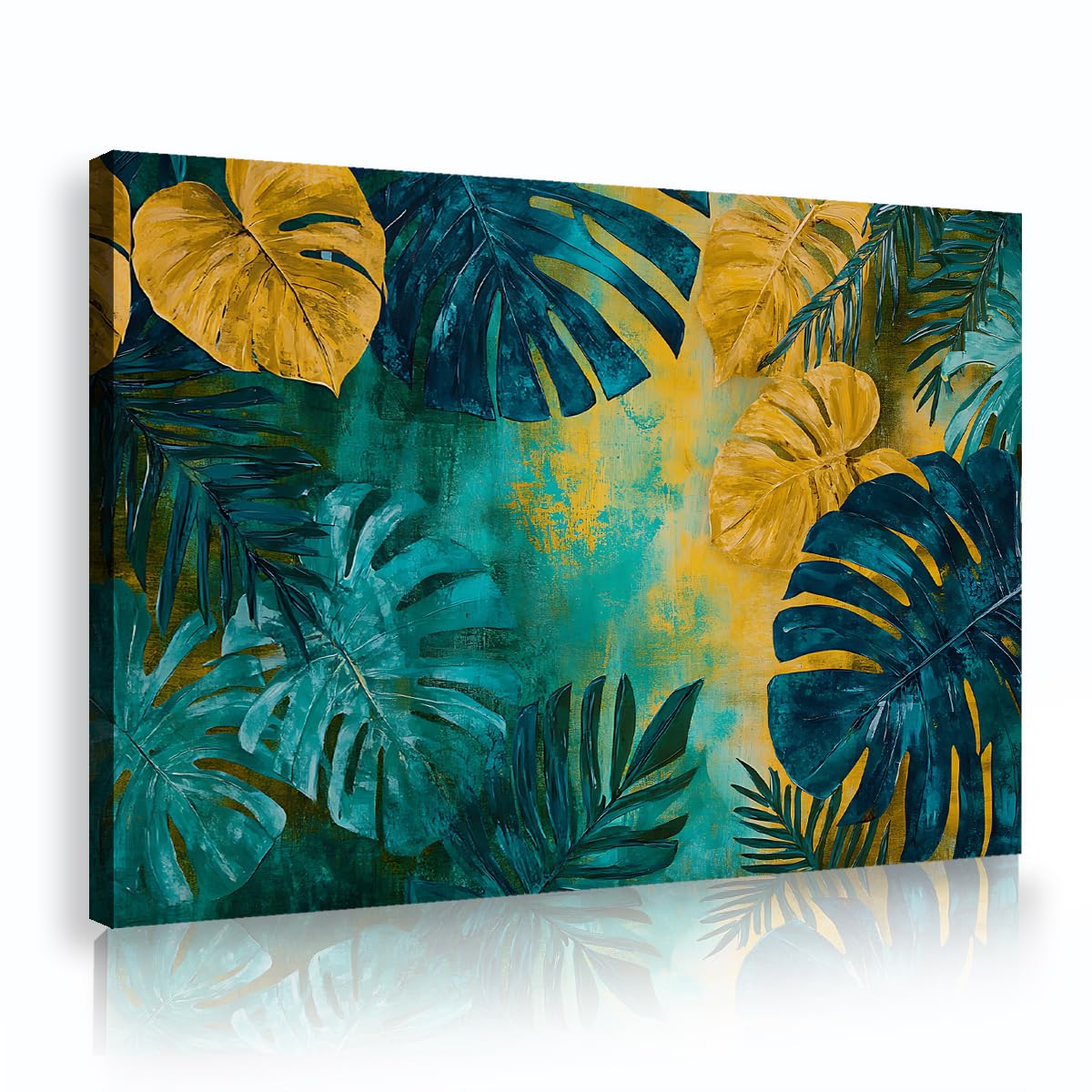CHERHERART Teal Yellow Tropical Monstera Palm Leaf Canvas Wall Art Bold Boho Jungle Canvas Decor for Living Room Bedroom Study Botanical Poster 55x85cm Innerframe