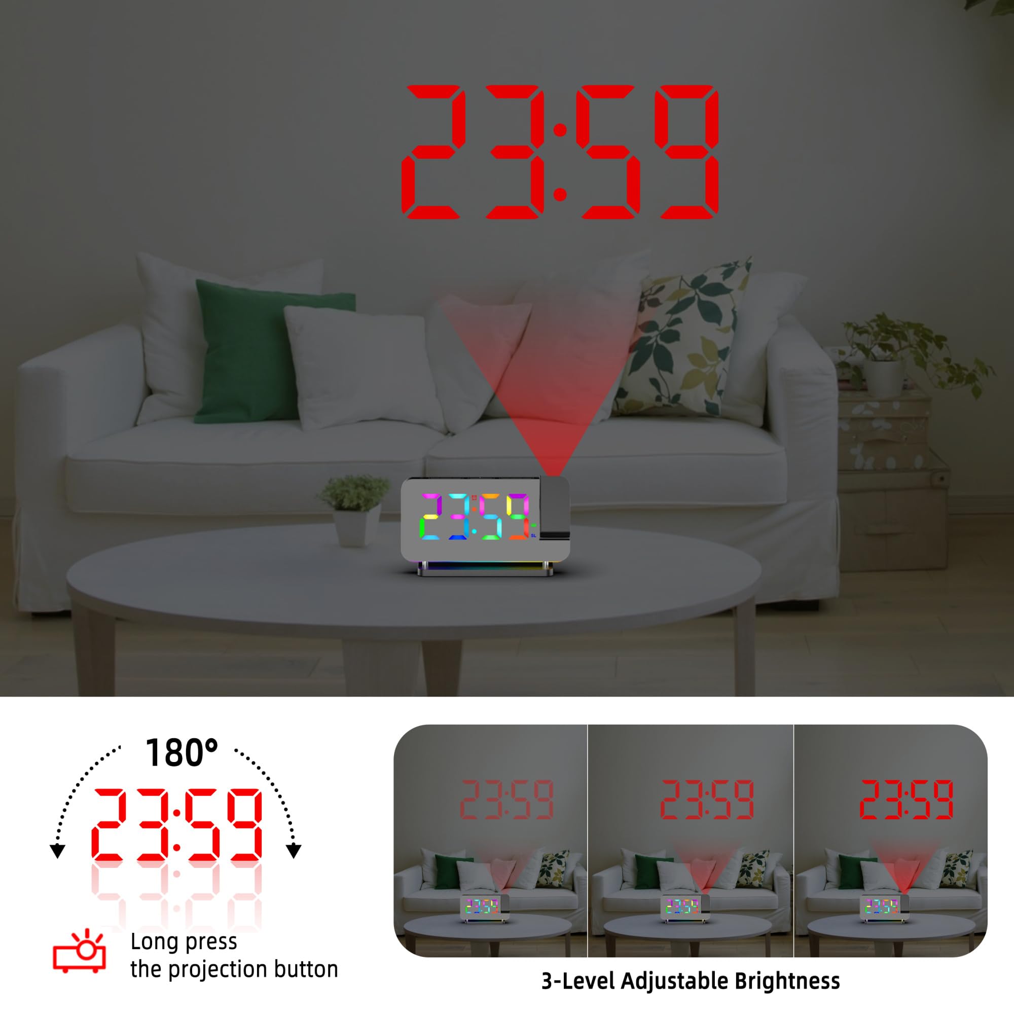 Sveglia Proiezione Specchio 11 RGB 10 Colori Luce Notturna LED Orologio da Scrivania