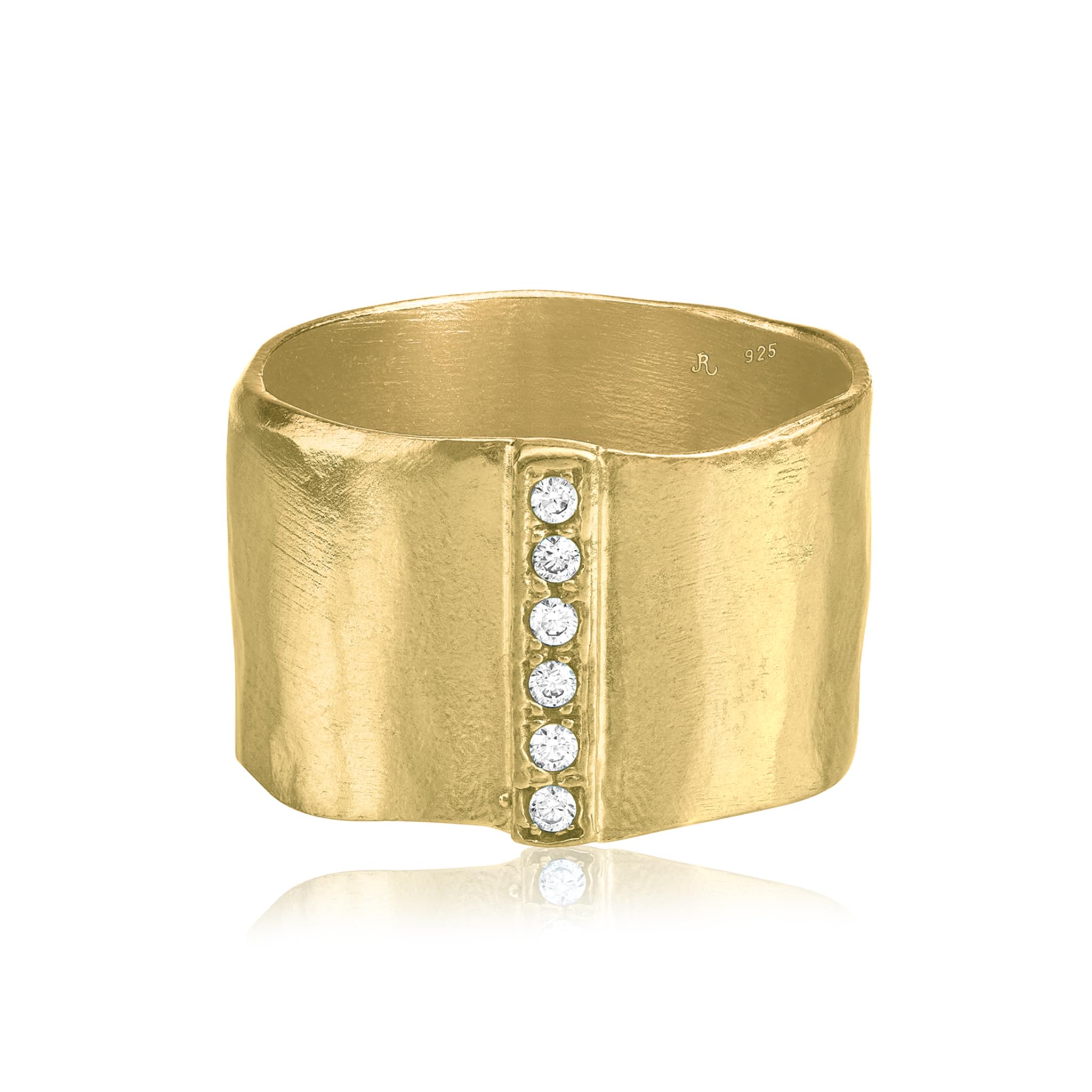 14K vergoldeter Sterling Silber Statement Ring mit 0,18 ct Zirkonia, gehämmerte breite Schiene, zarter Goldring, Schmuck Geschenk für Damen, ästhetischer Goldschmuck