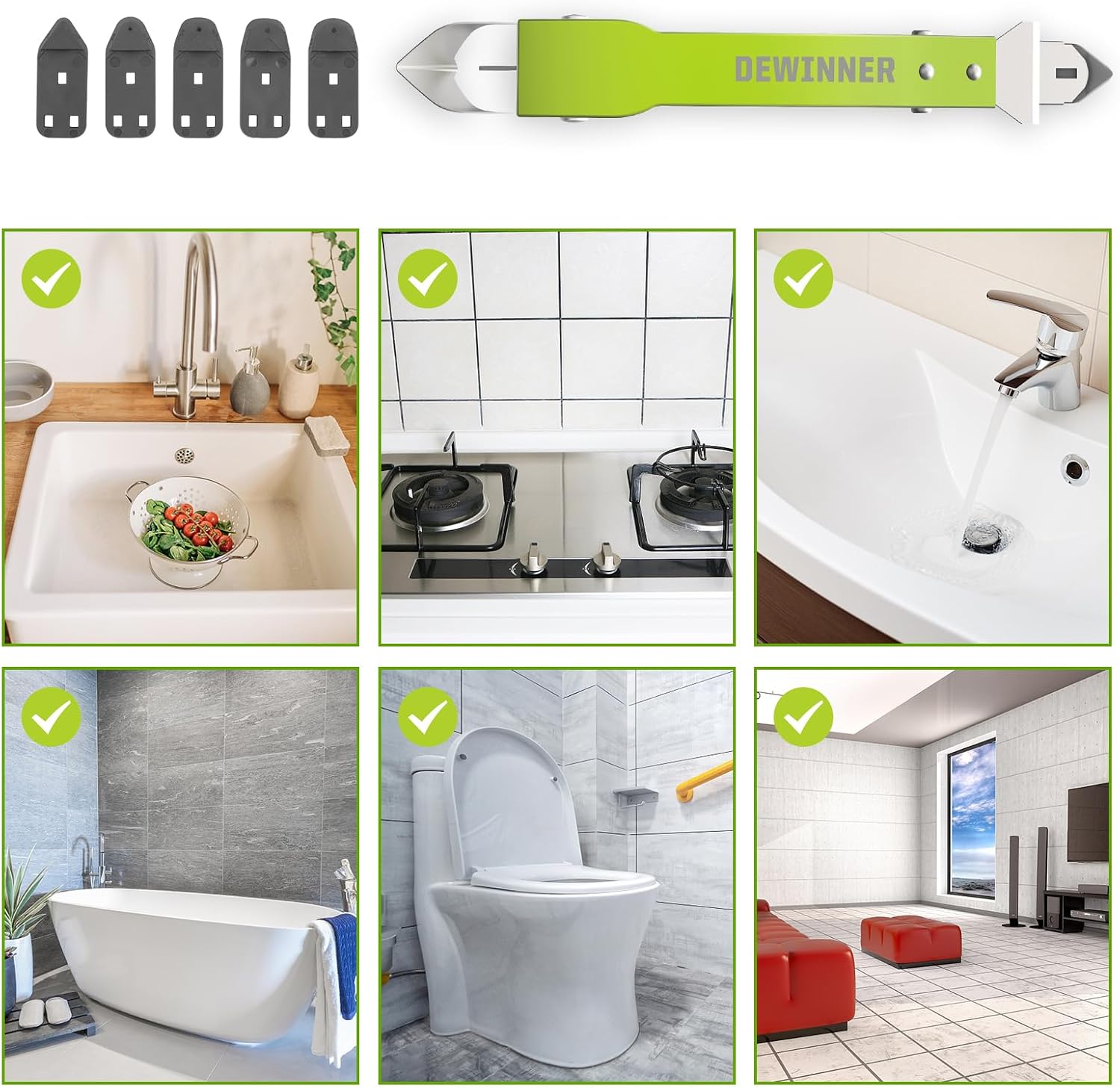 Examples of the caulking tool being used in various home settings like sinks, kitchens, bathrooms, and windows.