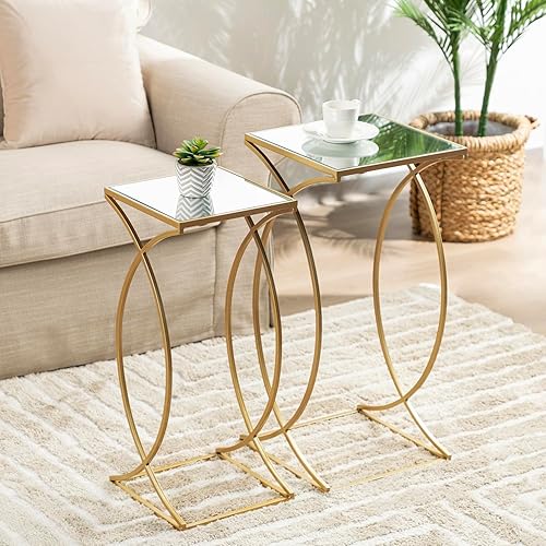 Miniatura 3 de glitzhome Juego de 2 mesas auxiliares anidables, mesas auxiliares decorativas, soporte para plantas, para dormitorio, sala de estar, oficina en casa