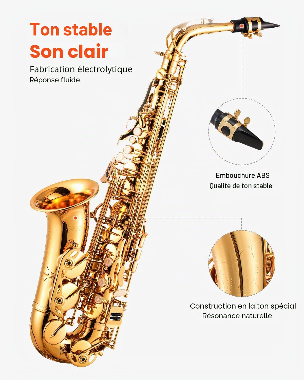 VEVOR Saxophone Alto Mi Bémol Kit Saxophone Débutants en Laiton Résistant avec Étui de Transport, Bec, Sangles, Chiffon de Nettoyage, Gants, Sangle de Cou, 23 Touches, pour Débutants, Étudiants, Doré