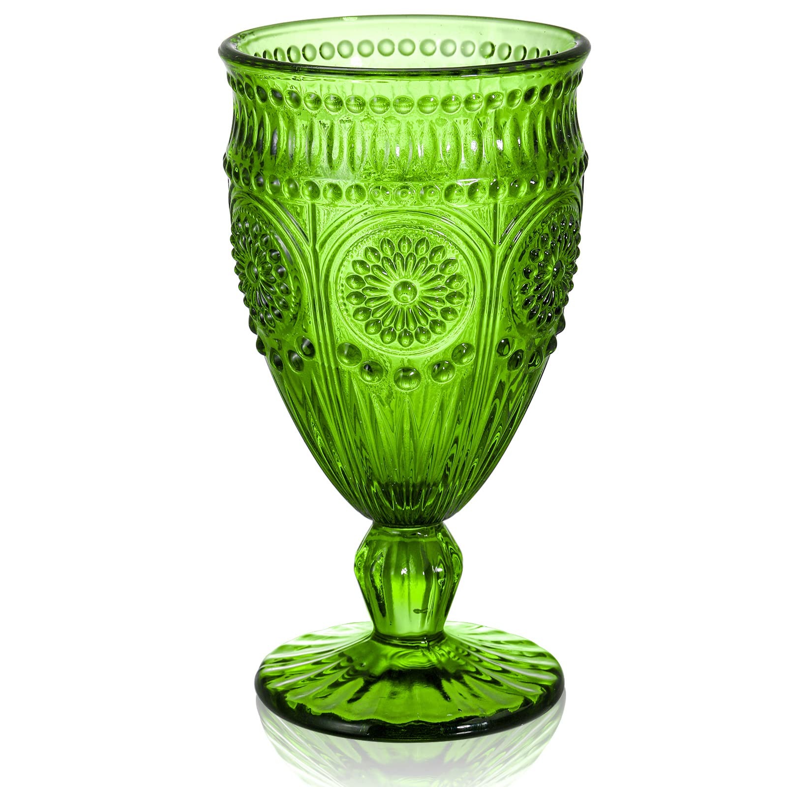 Kingrol 4 Pack Vintage Water Goblets, 10 oz Wine Glasses, Romantic Mixed Drink Glass Set for Party and Daily Use, Green