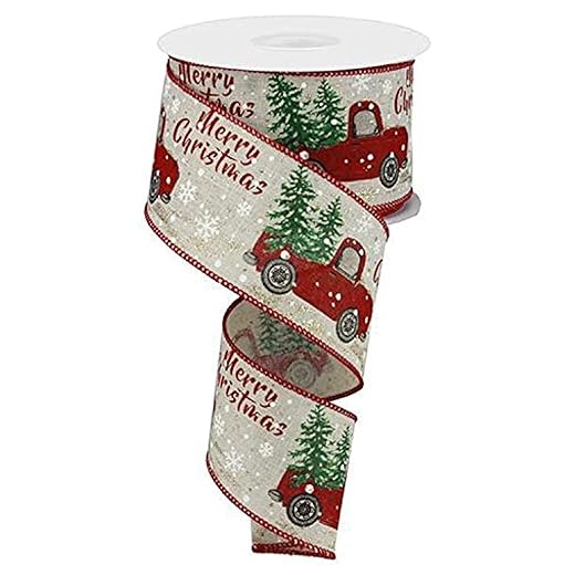 Merry Christmas Rustic Vintage Truck with Christmas Trees Wired Edge Ribbon - 2.5" x 10 Yards (Natural)