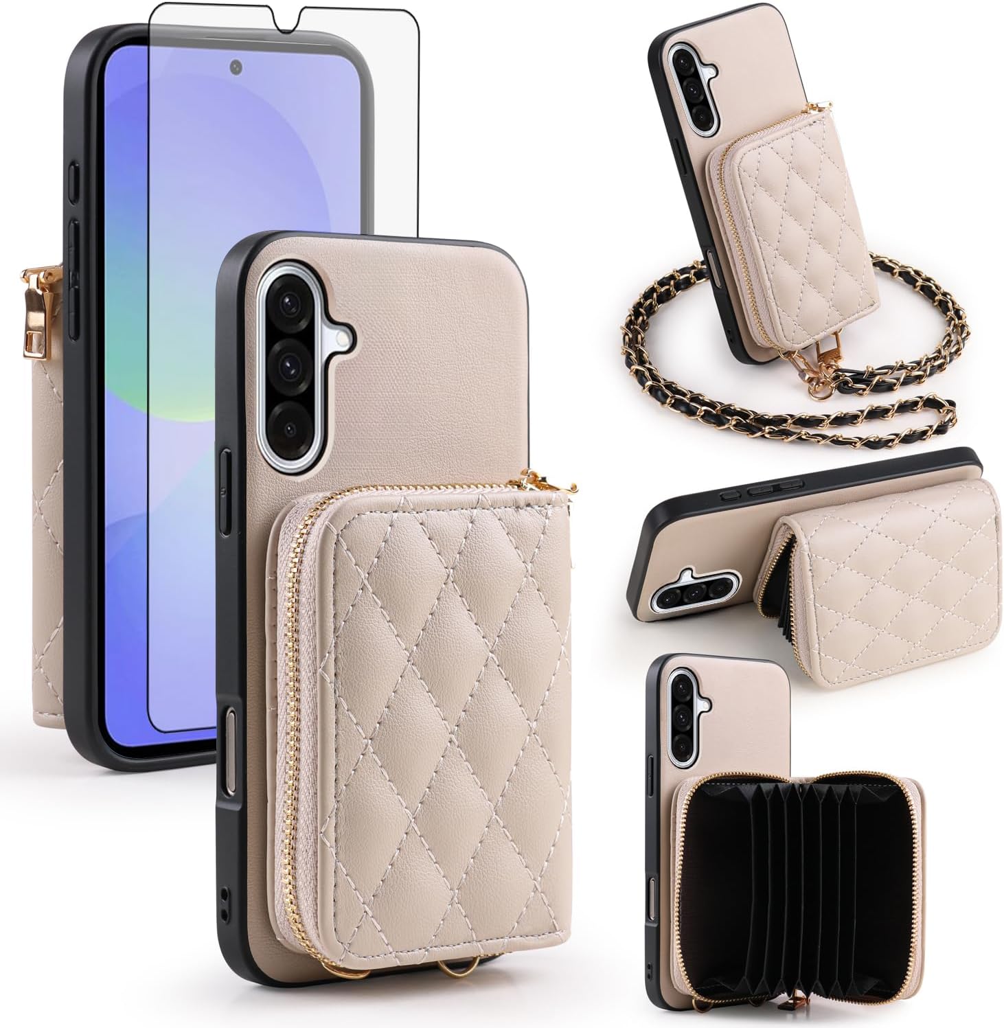 Argyle Wallet Cover for Samsung Galaxy A15 5G/4G & Tempered Glass Screen Protector Shoulder Strap, Luxury PU Leather Zipper Organ Card Holder Stand Phone Case for A 15 G5 15A Women Girls Khaki