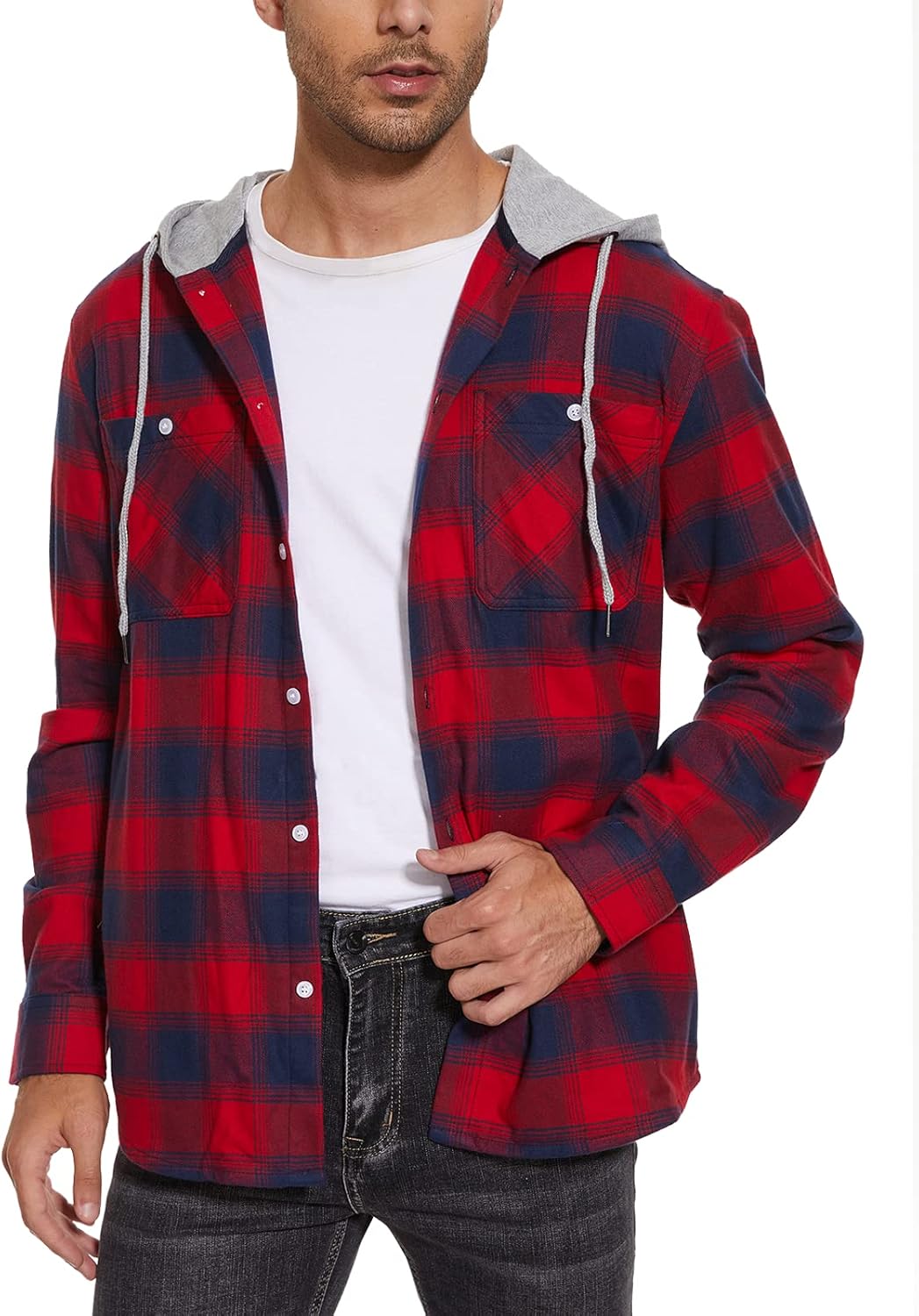 MAGNIVIT Plaid Shirts for Men Hooded Shirts Jackets Coat Lightweight Shirt Fishing Shirts Business Casual Shirts Western Shirts Red