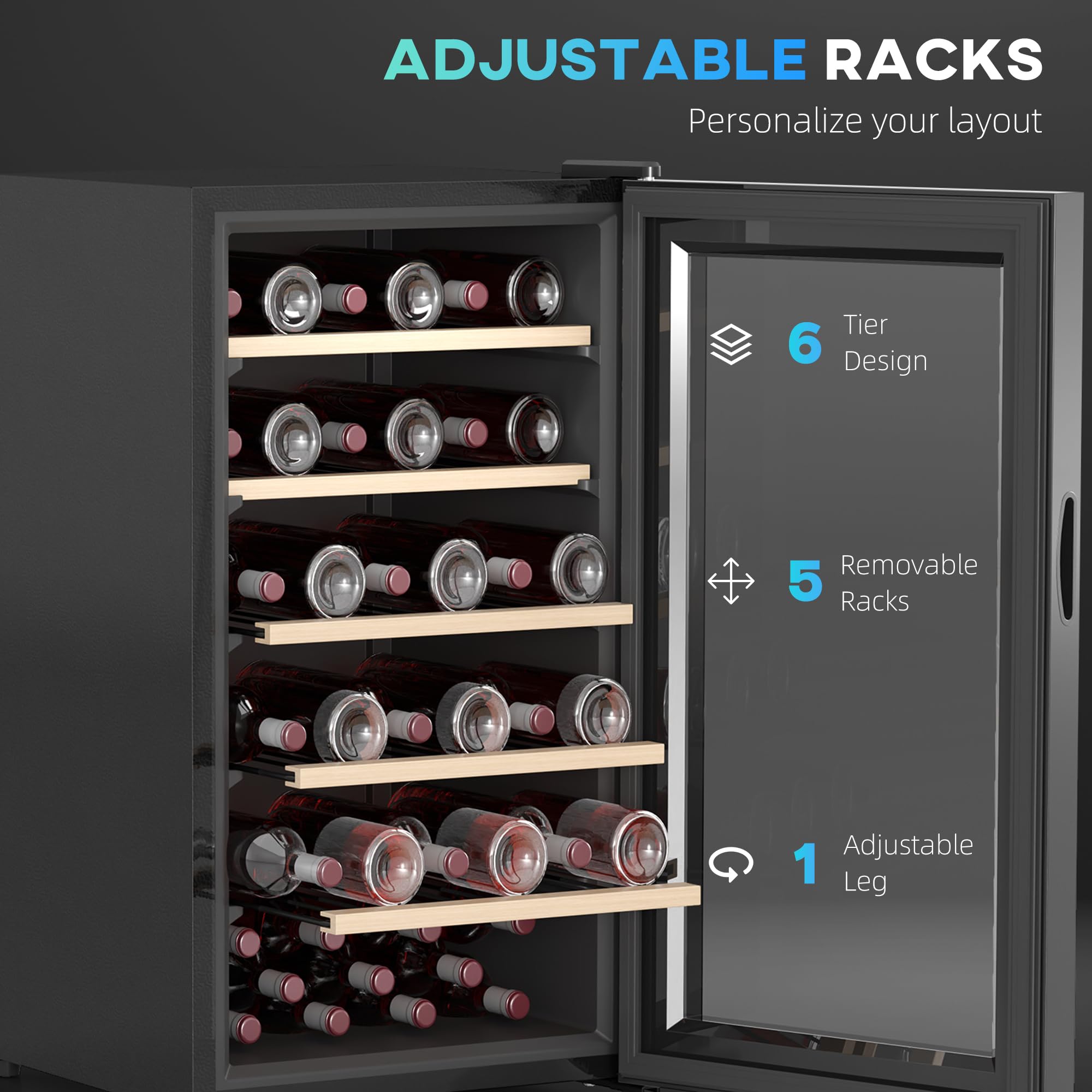 HOMCOM 41 Bottle Wine Fridge, 91 Litre Capacity, 45cm Freestanding Wine Cooler Fridge with Glass Door, LED Light, Digital Touch Screen, Temperature Control, Black — view 6