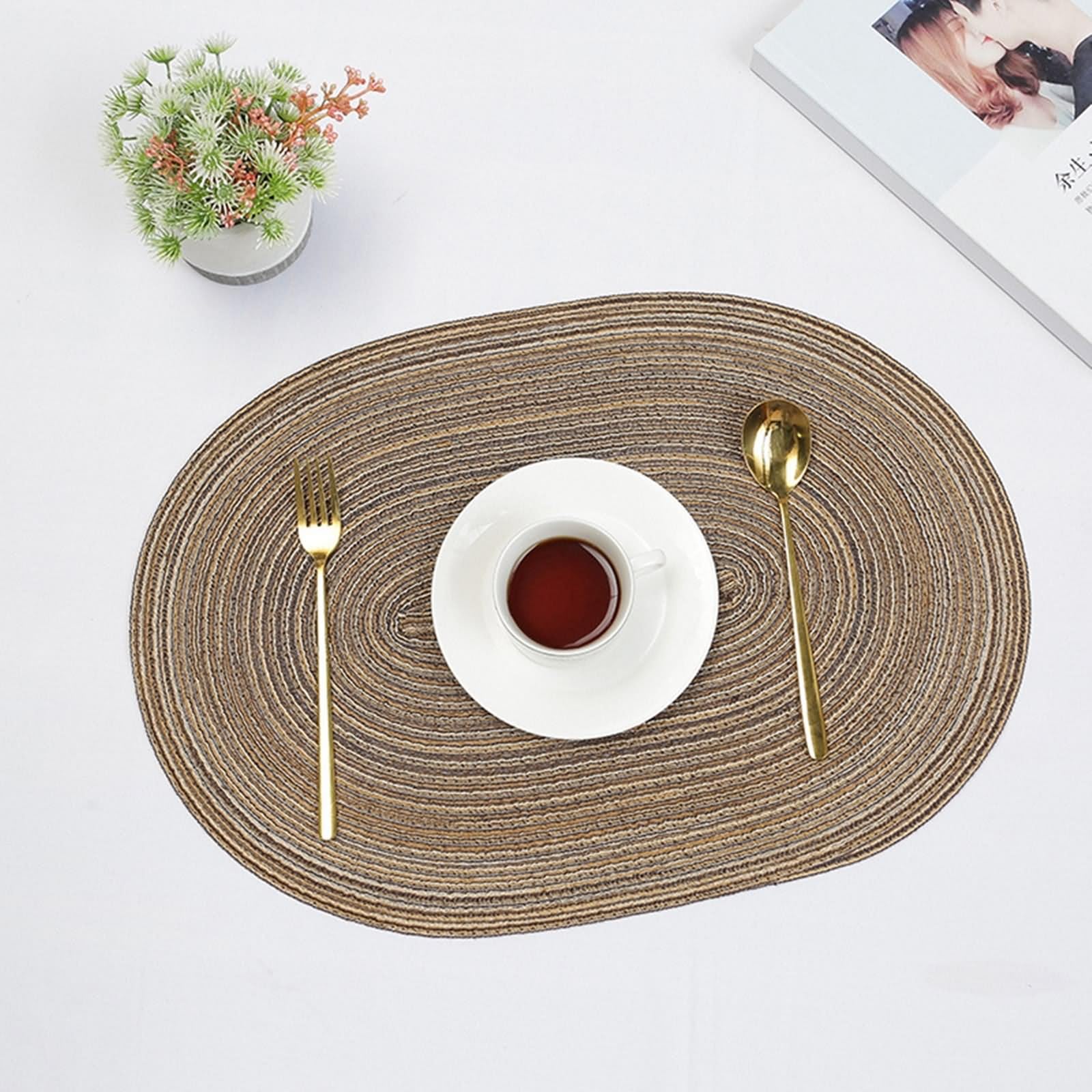 Lot de 6 Dessous de Table Moderne 35x50cm, Set de Table Scandinave Motif Tissé Polyester Café