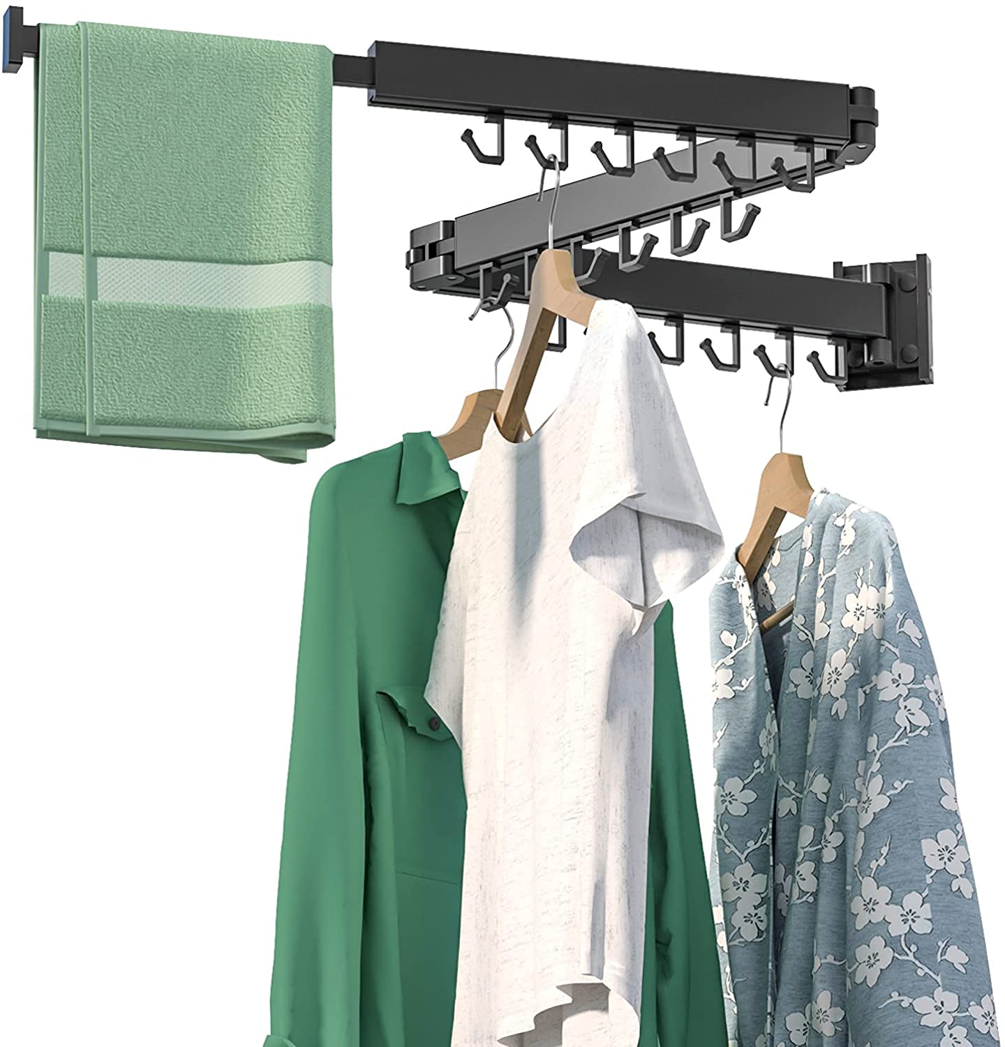 E&P Retractable Clothes Drying Rack,Wall Mounted,Collapsible Space Saver Clothes Hanger Rack with Towel Bar,Strong Load-Bearing,for Balcony,Laundry,Bathroom,Patio and Bedroom (Modern tri-fold)