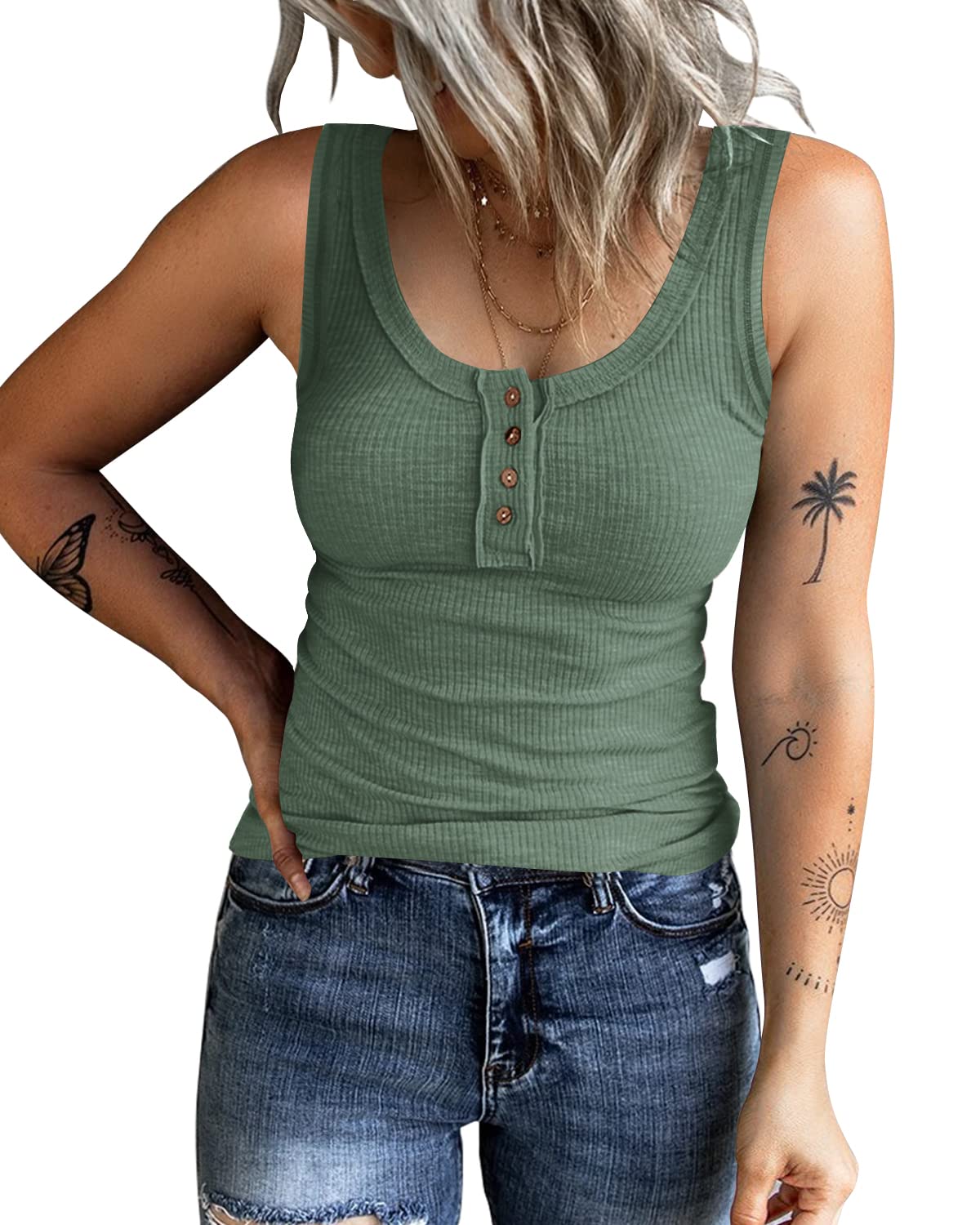 KINLONSAIR Womens Sleeveless Henley Tank Tops Ribbed V Neck Button Down T Shirts Summer Slim Fit Tee Tops