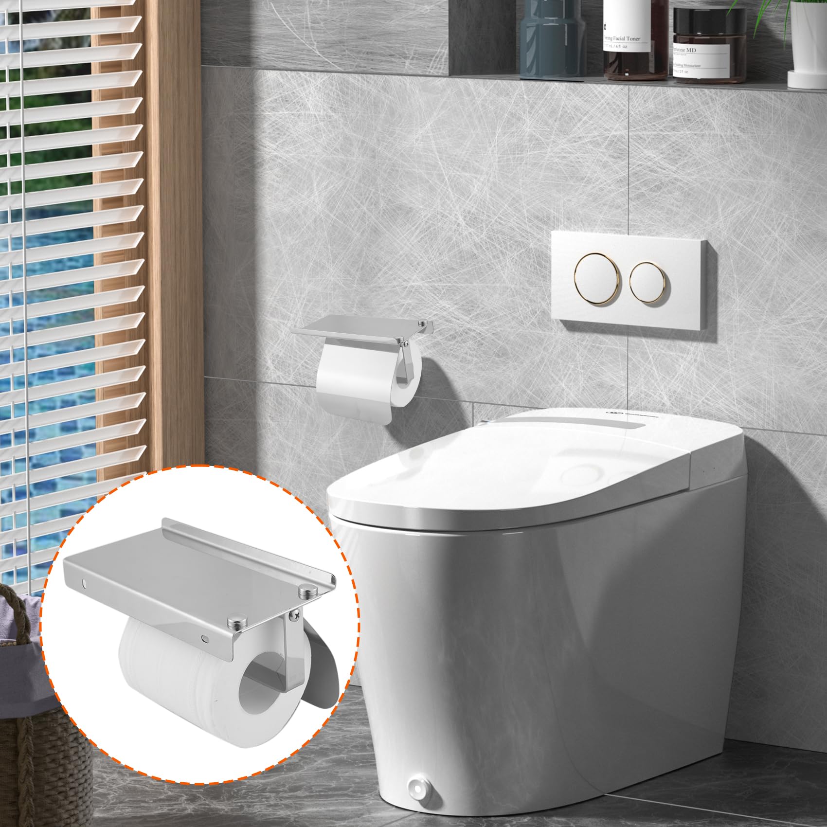 Hopbucan Modern Stainless Steel Wall Mount Toilet Paper Holder with Phone Shelf Roll Paper Holder Bathroom Fixture Bathroom - Image 2