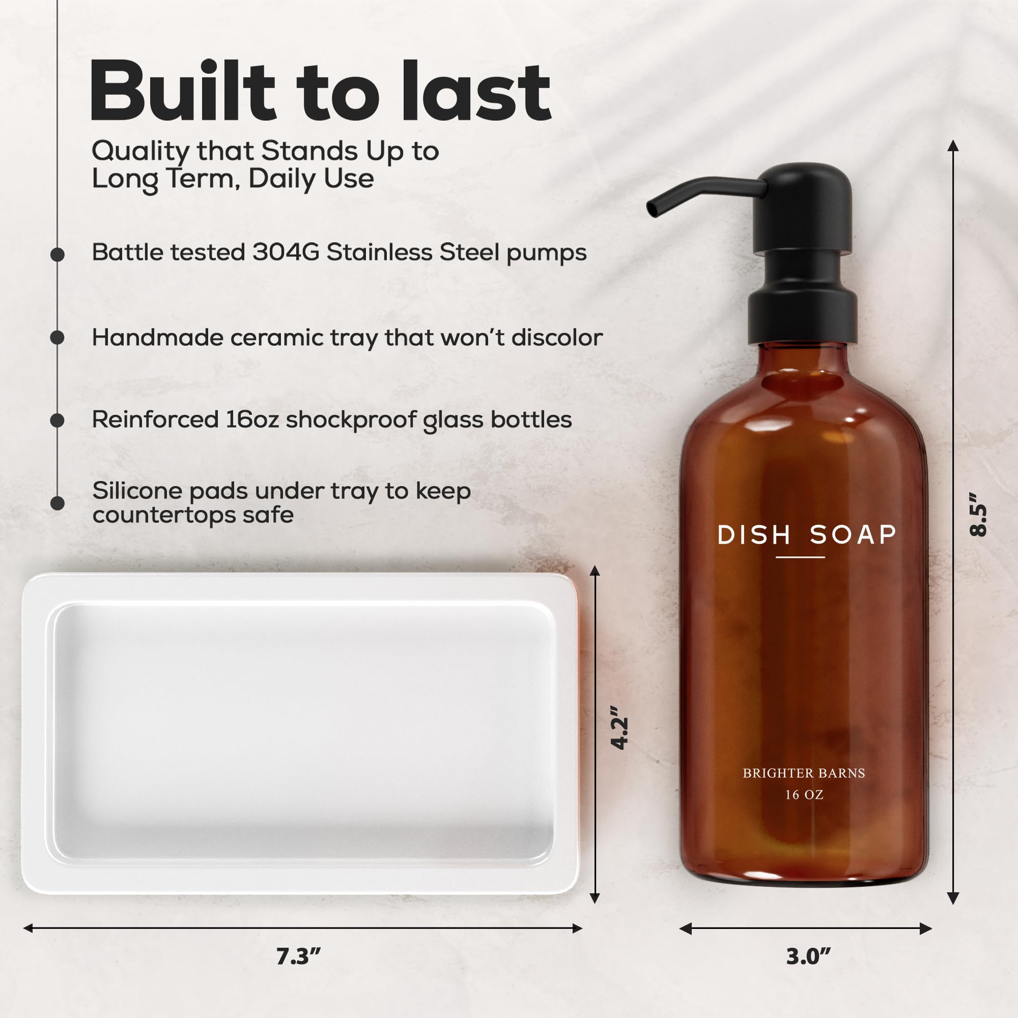 Amber Glass Hand and Dish Soap Dispenser Set by Brighter Barns - Kitchen Soap Dispenser Set with Tray - Farmhouse Soap Dispenser for Kitchen Sink - Modern Kitchen Decor, Bathroom Accessories (Amber)