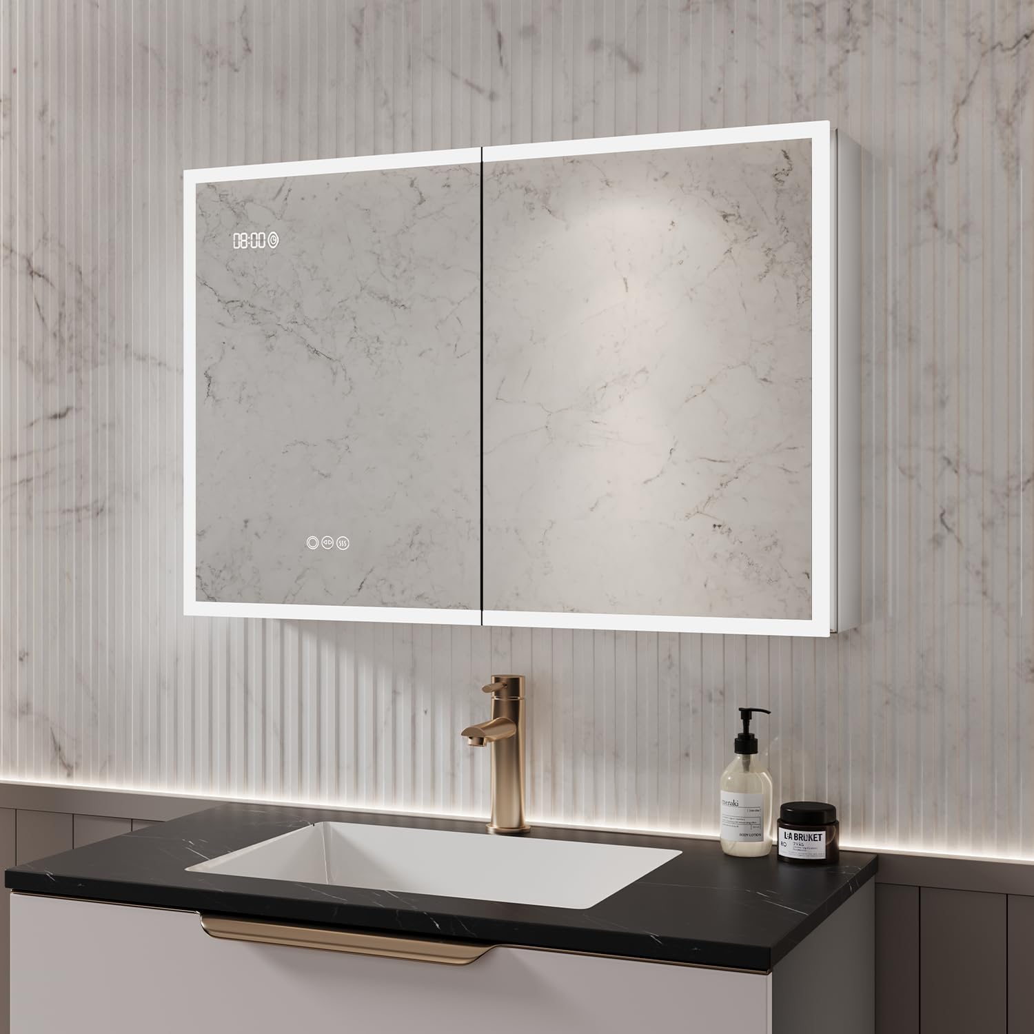 Double Door Medicine Cabinet 37 Inch, LED Mirror with Anti-Fog & Time/Temp, 3 Color Dimmable Lights, Adjustable Shelves, Pre-Assembled for Easy Install