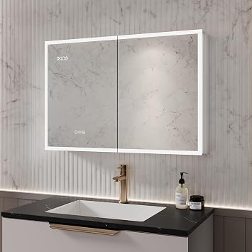 Double Door Medicine Cabinet 37 Inch, LED Mirror with Anti-Fog & Time/Temp, 3 Color Dimmable Lights, Adjustable Shelves, Pre-Assembled for Easy Install