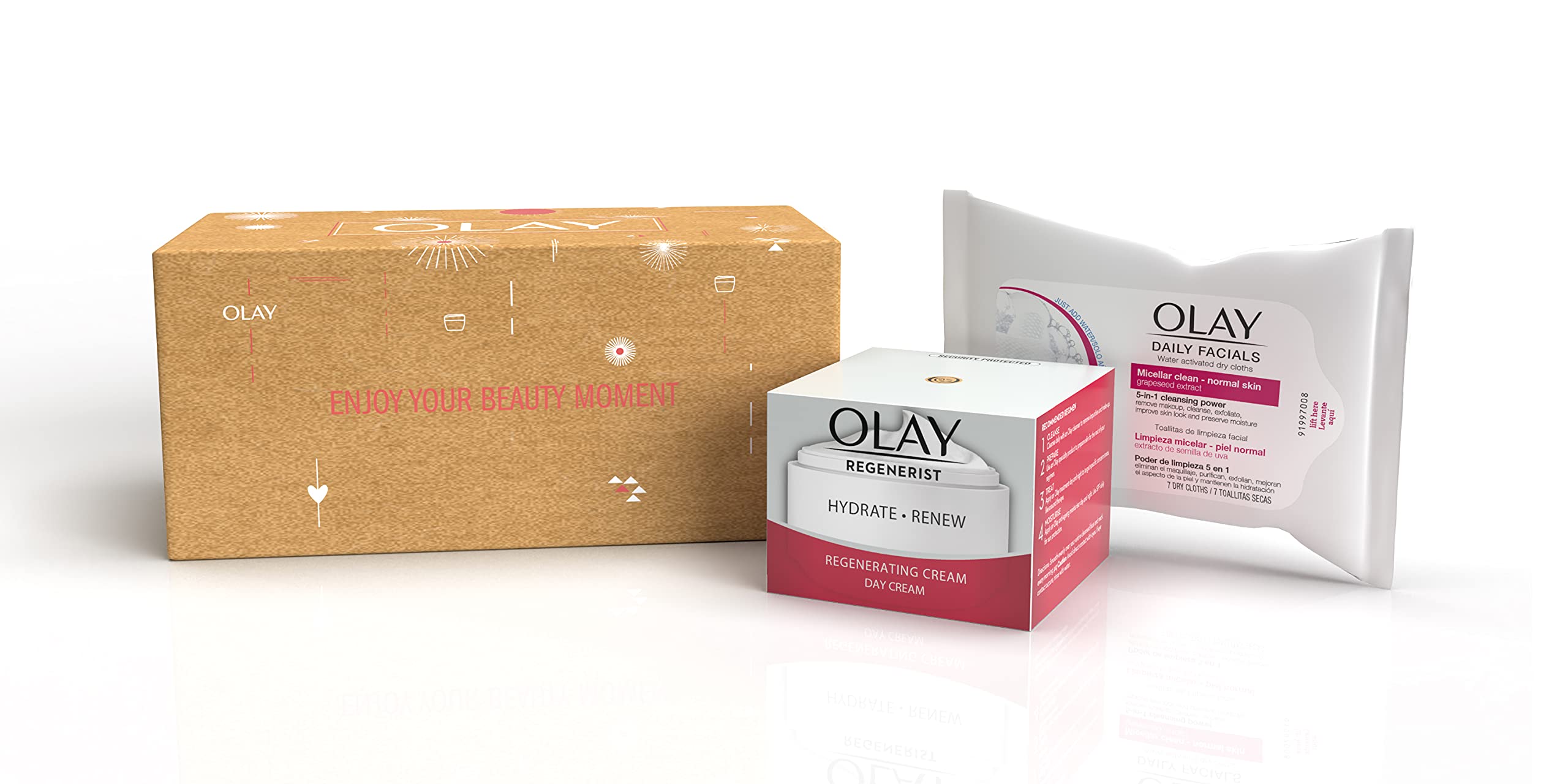 OlayRegenerist Day Face Cream 50ml + Daily Facials 5-in1 Dry Cloths Face Wipes 7cnt, packaging may vary