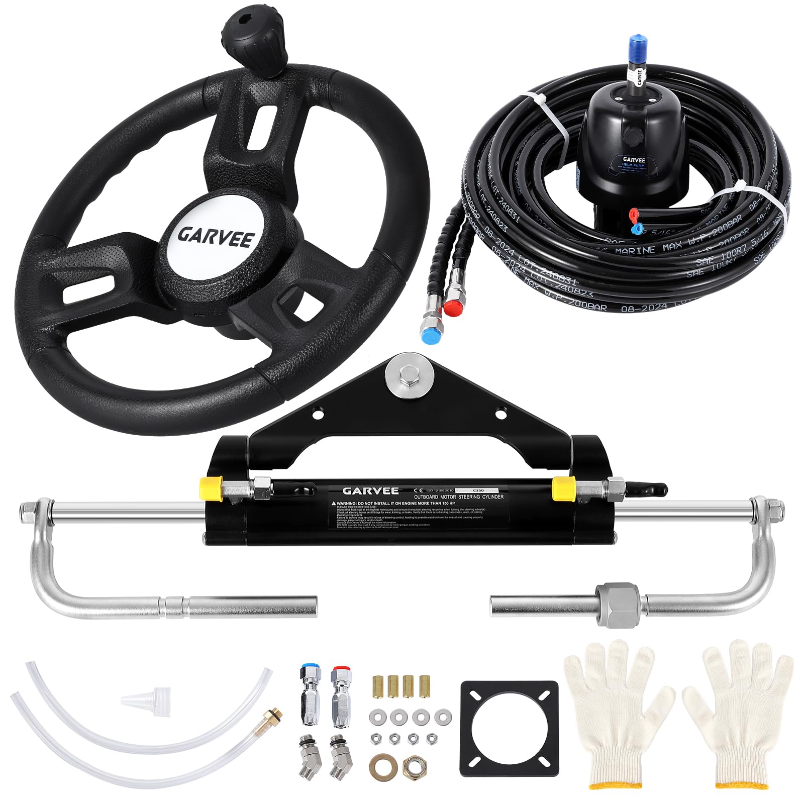 Garvee Kit de direction hydraulique supérieur pour bateau – 150CV, système bidirectionnel, volant inclus 13,5 Pouces, tuyaux nylon 2x26 Pied, aluminium marin