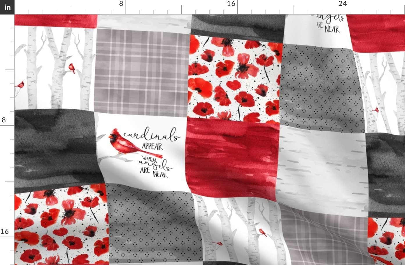 Spoonflower Fabric - Red Cardinal Poppy Angels are Near Gray White Quilt Topper Wholecloth Printed on Organic Cotton Sateen Fabric by The Yard - Sewing Quilting Apparel Home Decor