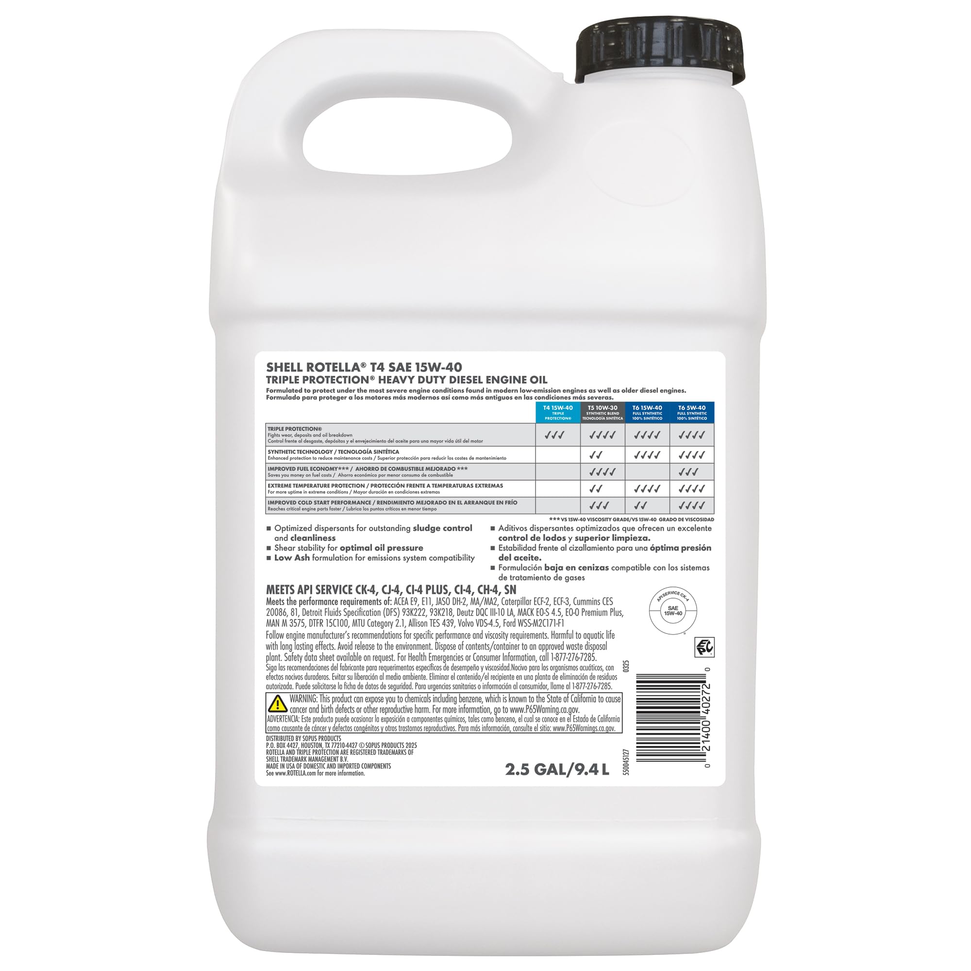 Shell Rotella T4 Triple Protection 15W-40 Diesel Engine Oil 2.5 Gallon product thumbnail 3