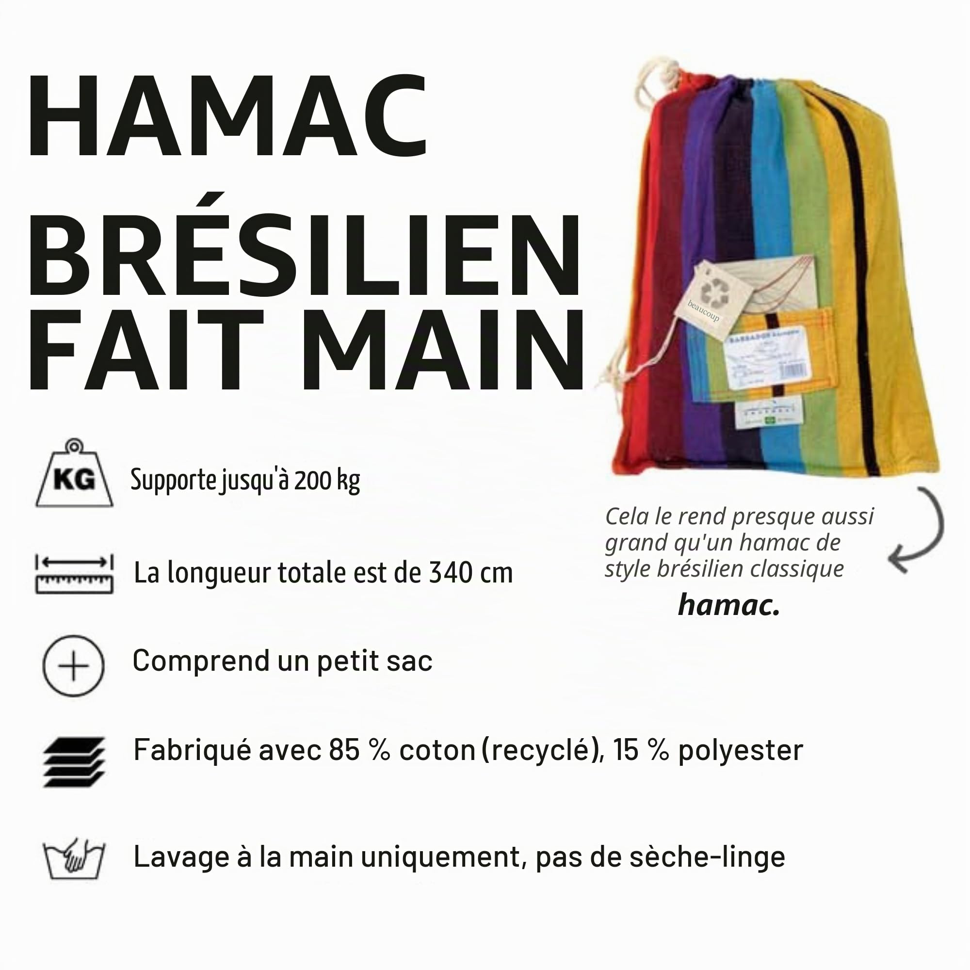 AMAZONAS Hamac classique XL Barbados Rainbow fait à la main au Brésil jusqu'à 200 kg de capacité de charge avec 230 x 150 cm pour 1-2 personnes en rayures multicolores longueur totale 340 cm