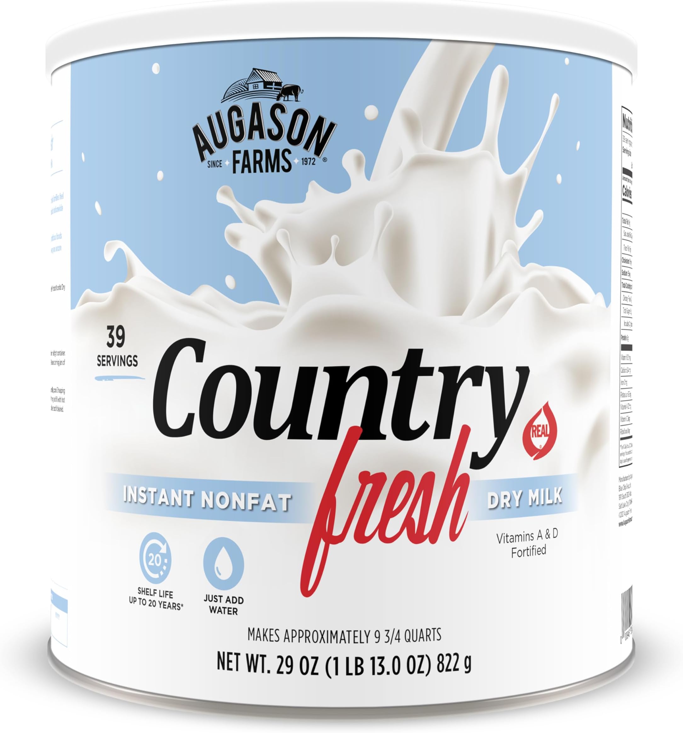 Country Fresh Instant Nonfat Dry Milk Powder, 39 Servings, 20 Year Shelf Life, Gluten Free - Canned Vitamin-Fortified Nonfat Milk Powder for Baking and Emergency Food Supplies