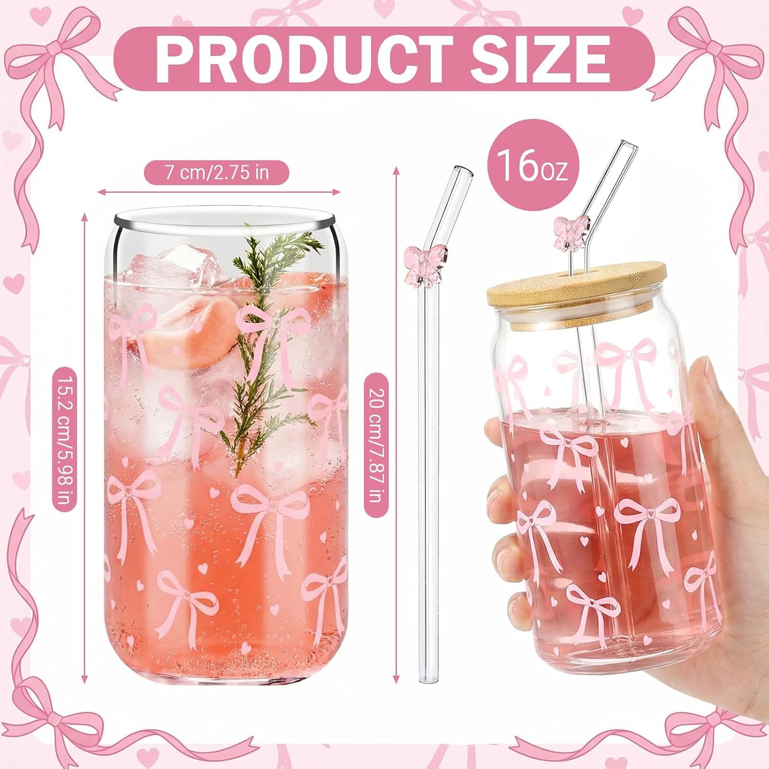 Glass Cups with Lids and Straws, 6Pack, 16oz, Pink Bow