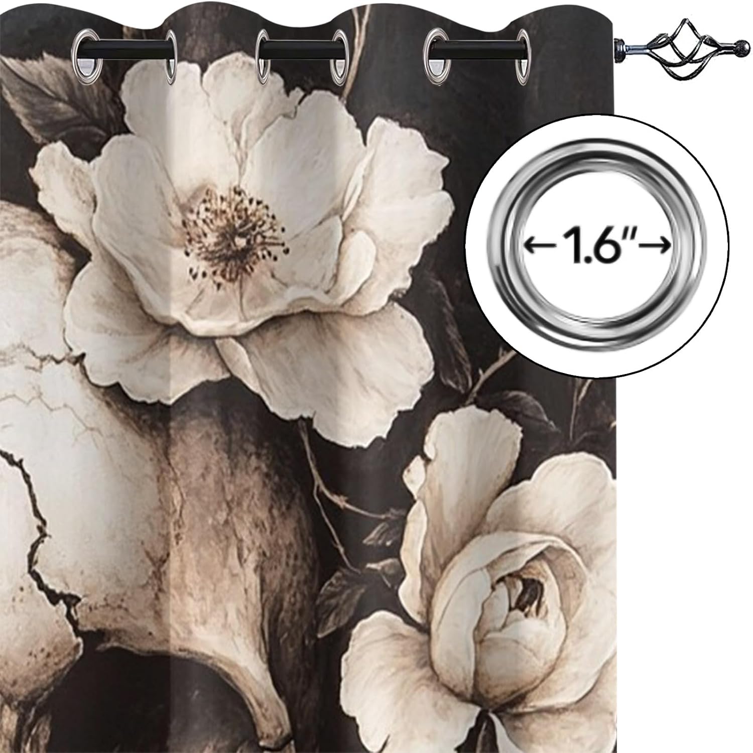 Skull Curtains for Bedroom Living Room Floral Blackout Curtains Gothic Room Darkening Drapes Grommet Window Treatments Set of 2 Panels, 27" W x 39" L x2