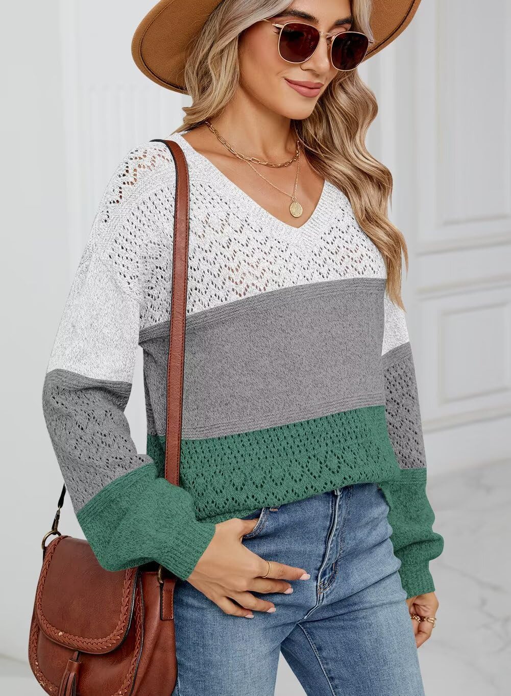 FEKOAFE Womens Sweaters 2026 Fall V Neck Long Sleeve Hollow Knit Pullover Sweaters for Women - Image 4