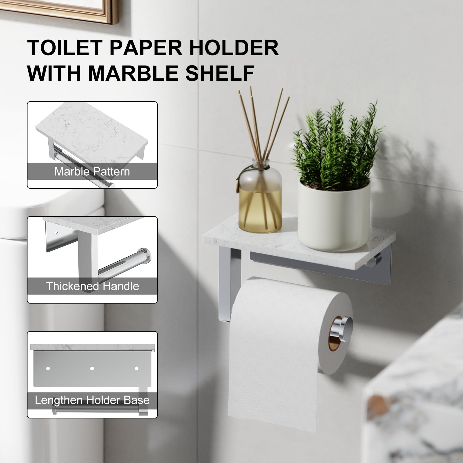 Chrome Toilet Paper Holder with Marble Shelf Tissue Roll Holder — Amazon image 5