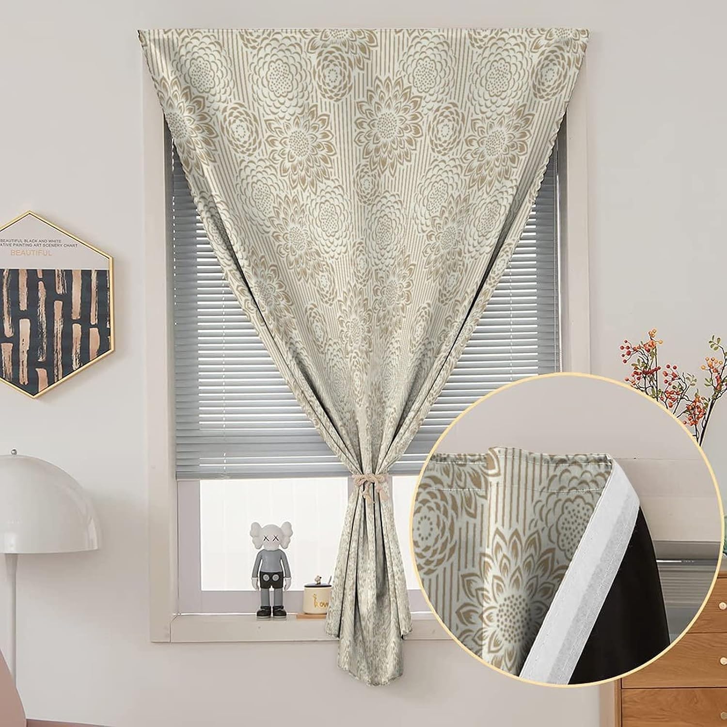 Self Adhesive Portable Blackout Curtains, Floral Room Darkening Curtains, Retro Toned Design Wildflowers Carnations Print Temporary Blackout Blinds,59W x72L Inch, for Bathroom Living Room Bedroom