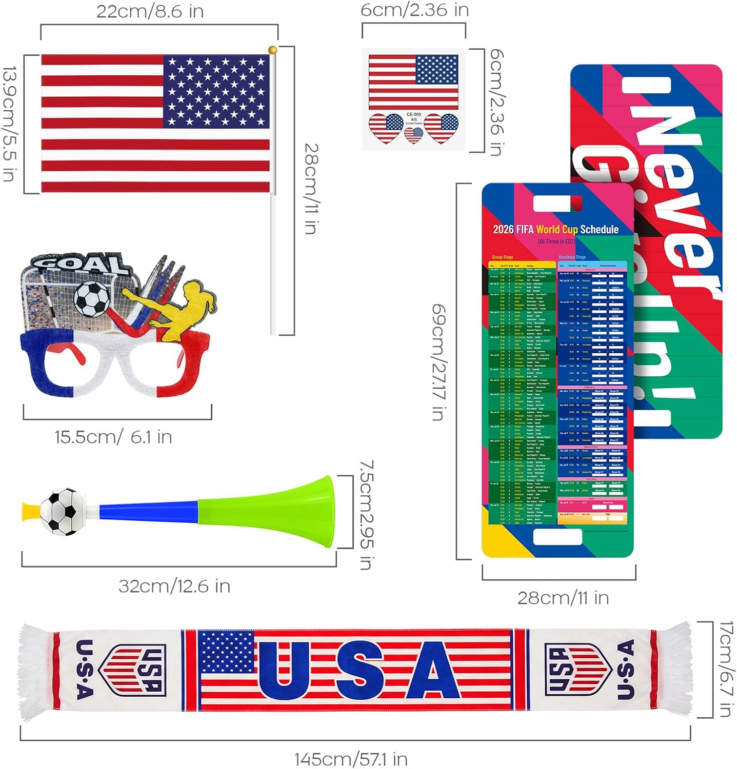 Ultimate 2026 World Soccer Cup USA Fan Kit - 7-in-1 Match Day Set: Flag, Trumpet, Scarf, Glasses, Tattoos, Schedule & Backpack - Patriotic Parade Party Supplies for Fans