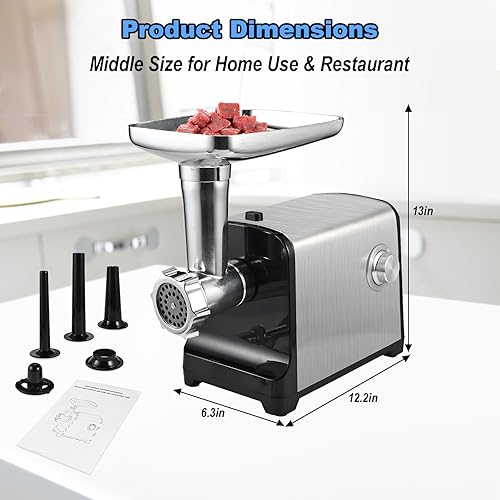 Miniatura 5 de Picadora eléctrica de carne, 3500 W máximo Picadora de carne resistente para uso doméstico, relleno de salchichas con 2 cuchillas, 4 placas de
