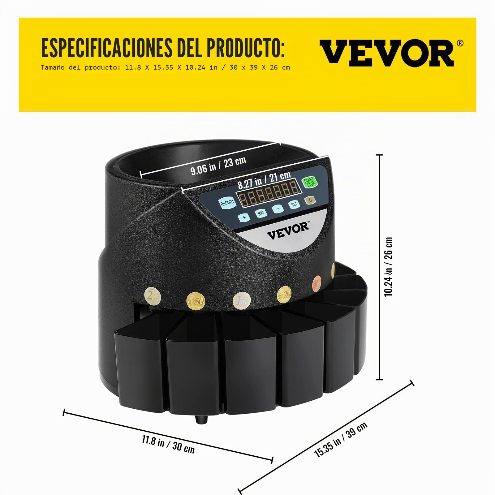 Chaneau Contador de Monedas Euro Profesional, 170 Monedas por Minuto, Clasificador de Monedas con Pantalla LED de 7 Dígitos, Máquina de Conteo de Monedas con 8 Cajas de Recolección de Alta Precisión