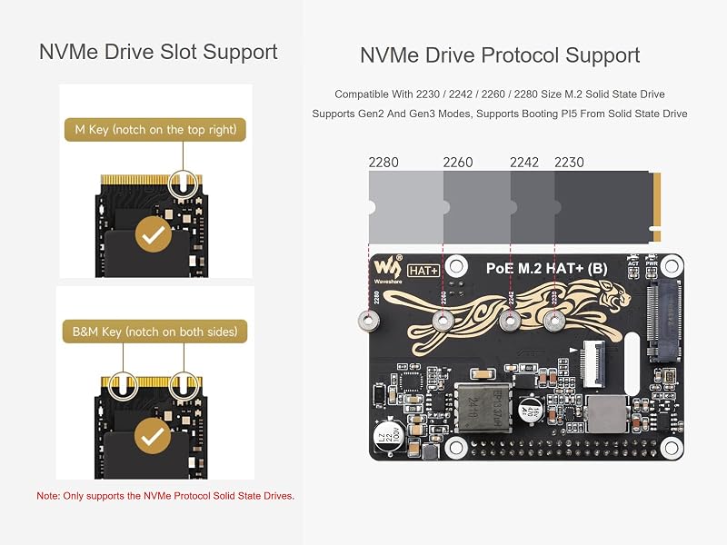 Waveshare POE M.2 HAT+ Raspberry Pi 5 NVMe SSD adapter PCIe Gen2/3