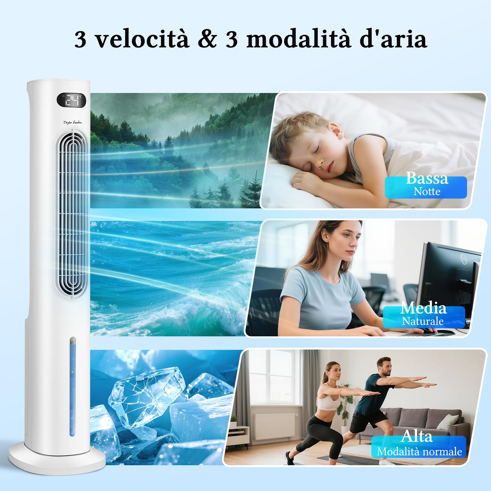 Taylor Swoden 3 in 1 grande raffrescatore d'aria portatile, Raffrescatore evaporativo silenzioso con serbatoio da 6 l, timer da 12 ore, 3 modalità, 3 velocità, telecomando, oscillazione, 95 W, Bianco
