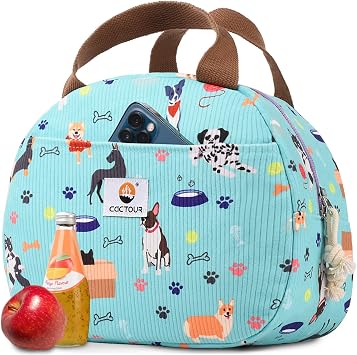 Lunch Box for Women Girls Teens,Cute Lunch Box Cooler Bag, Portable Insulated Small Lunch Bag Women Reusable Corduroy Lunch Tote for Work/Travel/Picnic/School Dog Green,Small