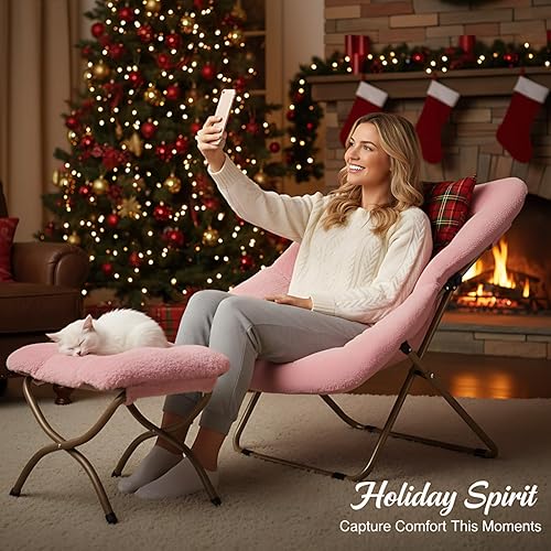 Miniatura 2 de Cómoda silla plegable con otomana, silla plegable de piel sintética de gran tamaño, silla suave y peluda con marco de metal, silla de luna para
