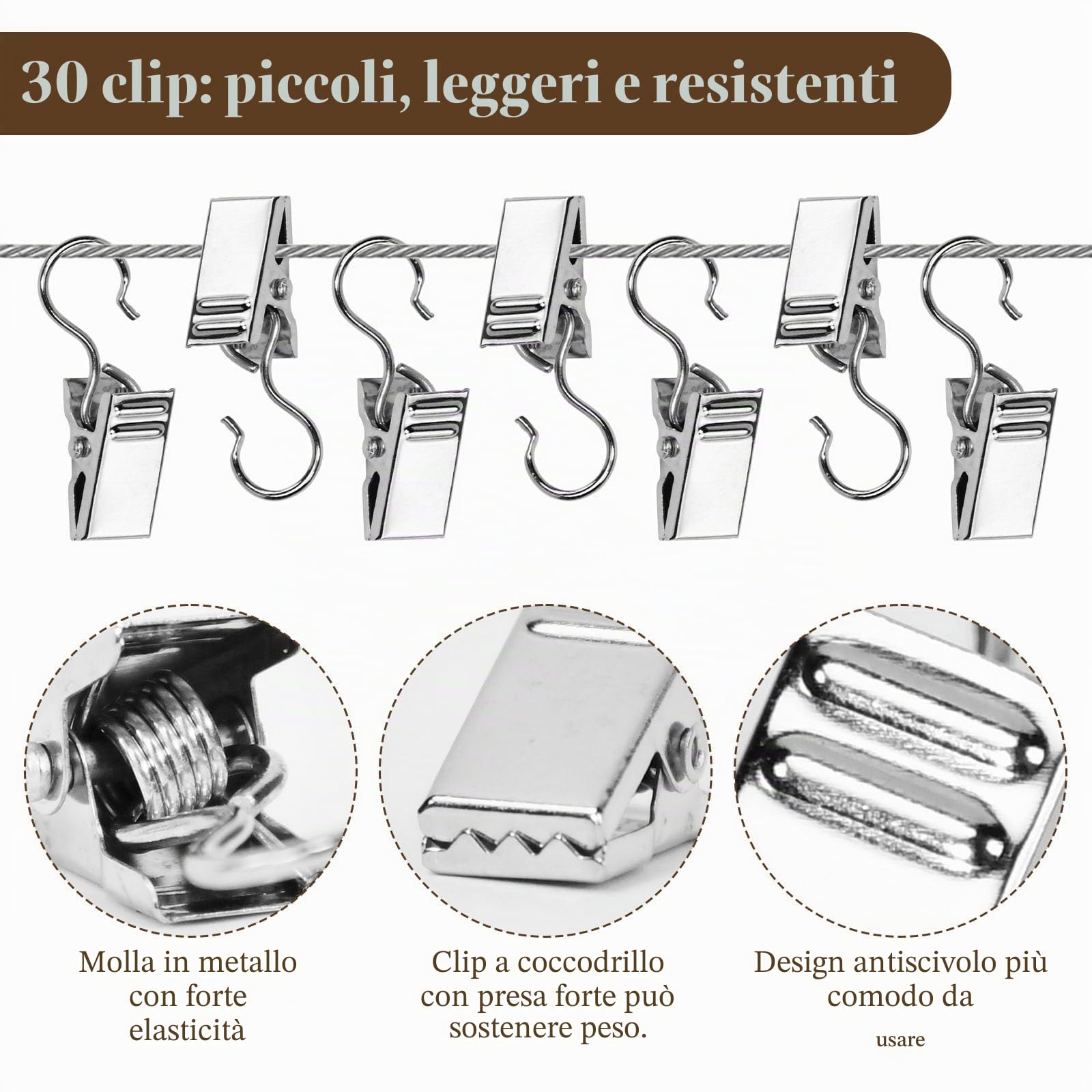 Cavo Metallico per Tende,Filo per Tende in Acciaio Inossidabile da 5m,Cavo di Tensione Della Tenda con 30 Pz Gancio per Appendere Tende Da Doccia, Foto, Artigianato