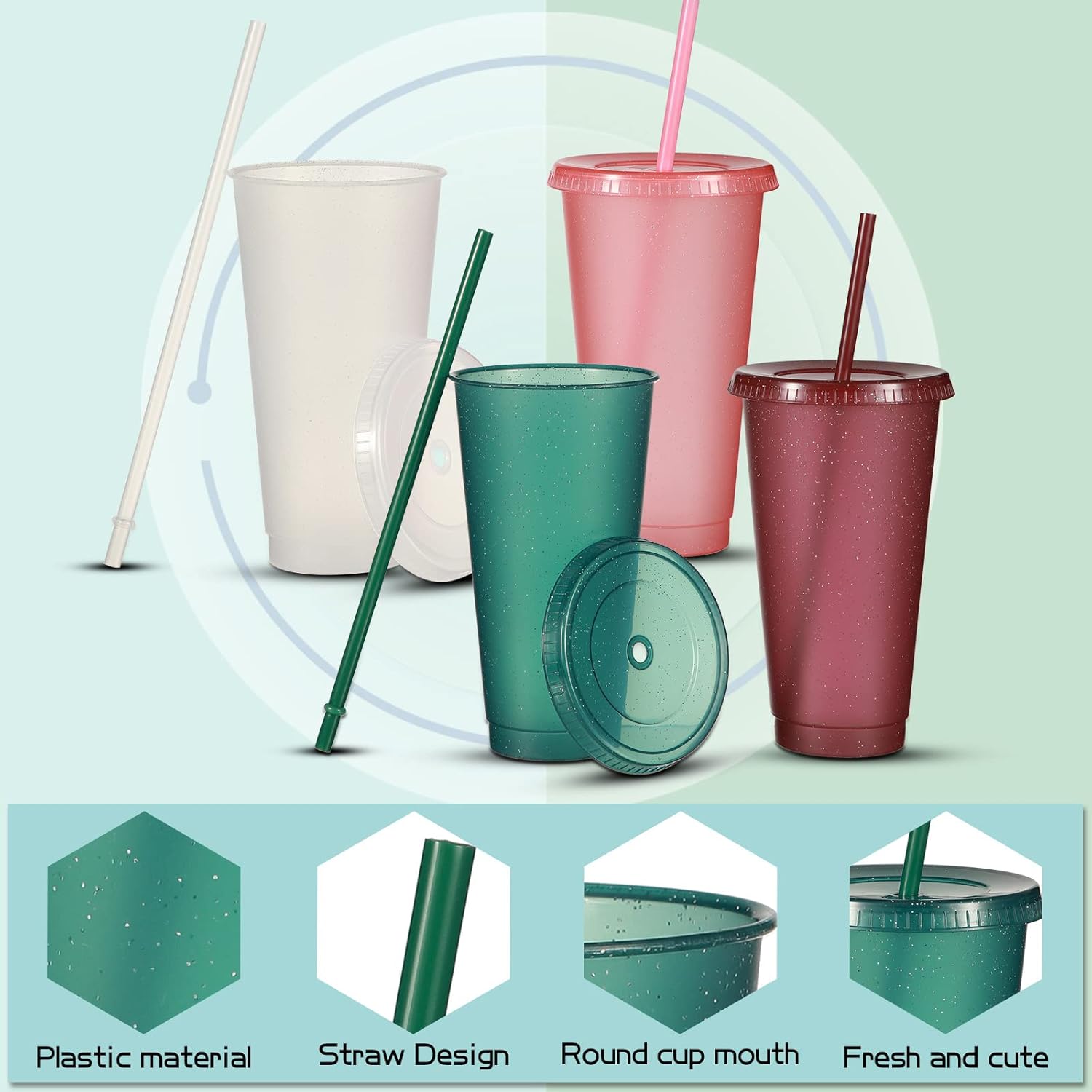 Suclain 24 oz Reusable Cups with Lids and Straws Plastic Tumbler with Straw and Lid Glitter Tumbler Iced Coffee Cup Travel Mug Water Bottle for Smoothie Party Birthday(Assorted Color,20 Pack)