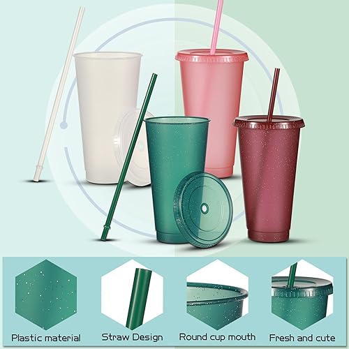 Miniatura 3 de Vaso de plástico de 24 onzas con tapas y pajitas con popote y tapa vaso con purpurina taza de café helado reutilizable botella de agua para fiesta