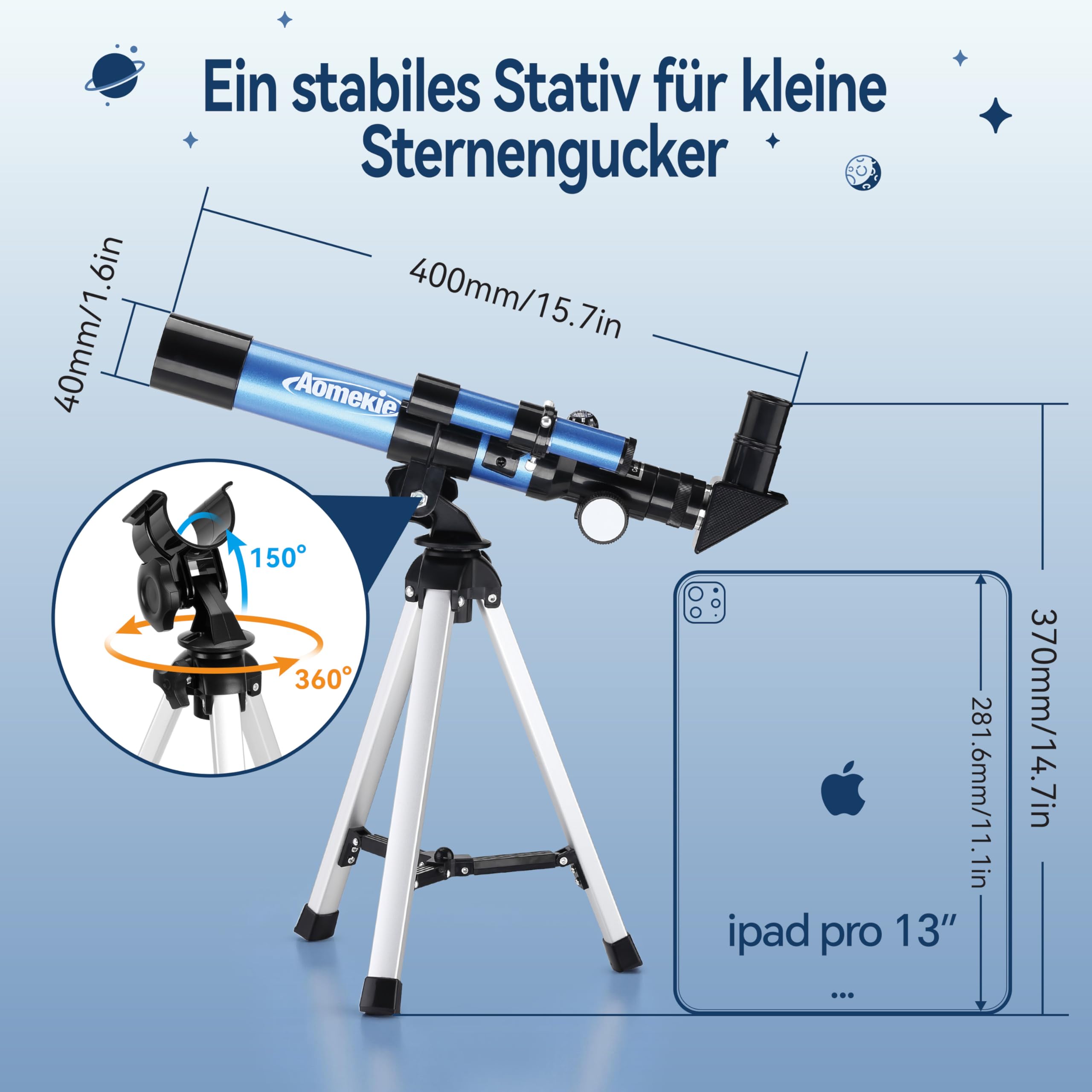 Aomekie Teleskop für Kinder und Einsteiger mit 10X Smartphone Adapter, Ausziehbarem Stativ, Tasche, Mondfilter und Aufrechtem Sucherfernrohr