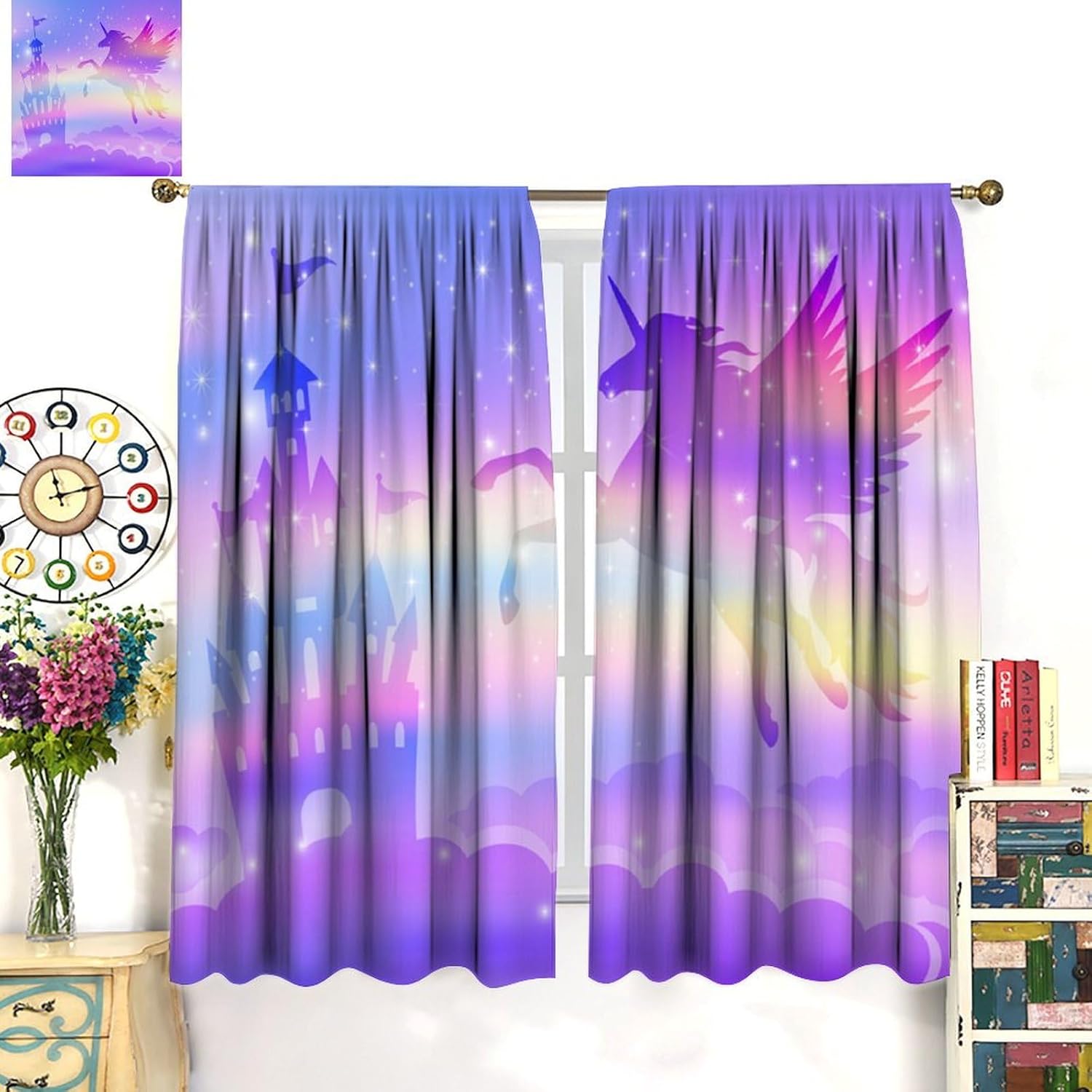 Magic Castle Curtains, Fantasy Flying Unicorn Rainbow Sparkling Stars Purple Pink Princess Fly Horse Print Window Curtains for Kids Girls Bedroom Living Room 42x63in (No Blackout)