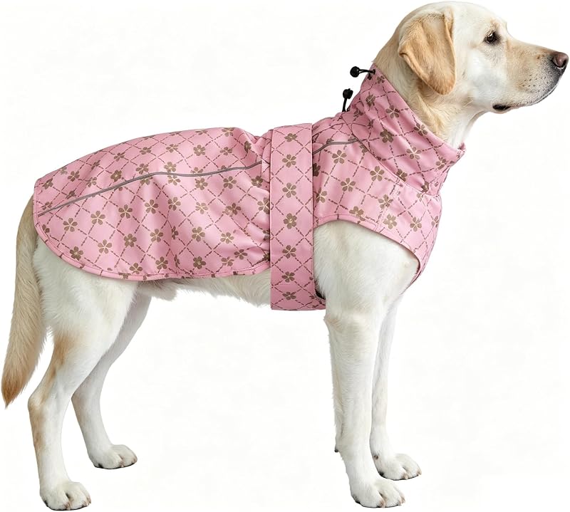MAMORE Adjustable Waterproof Dog Raincoat for Dogs,Lightweight Pet Rain Jacket Puppy Clothes with Reflective Strip for Small Medium Large Dogs(Large,Gold Cheery Blossoms Pink)